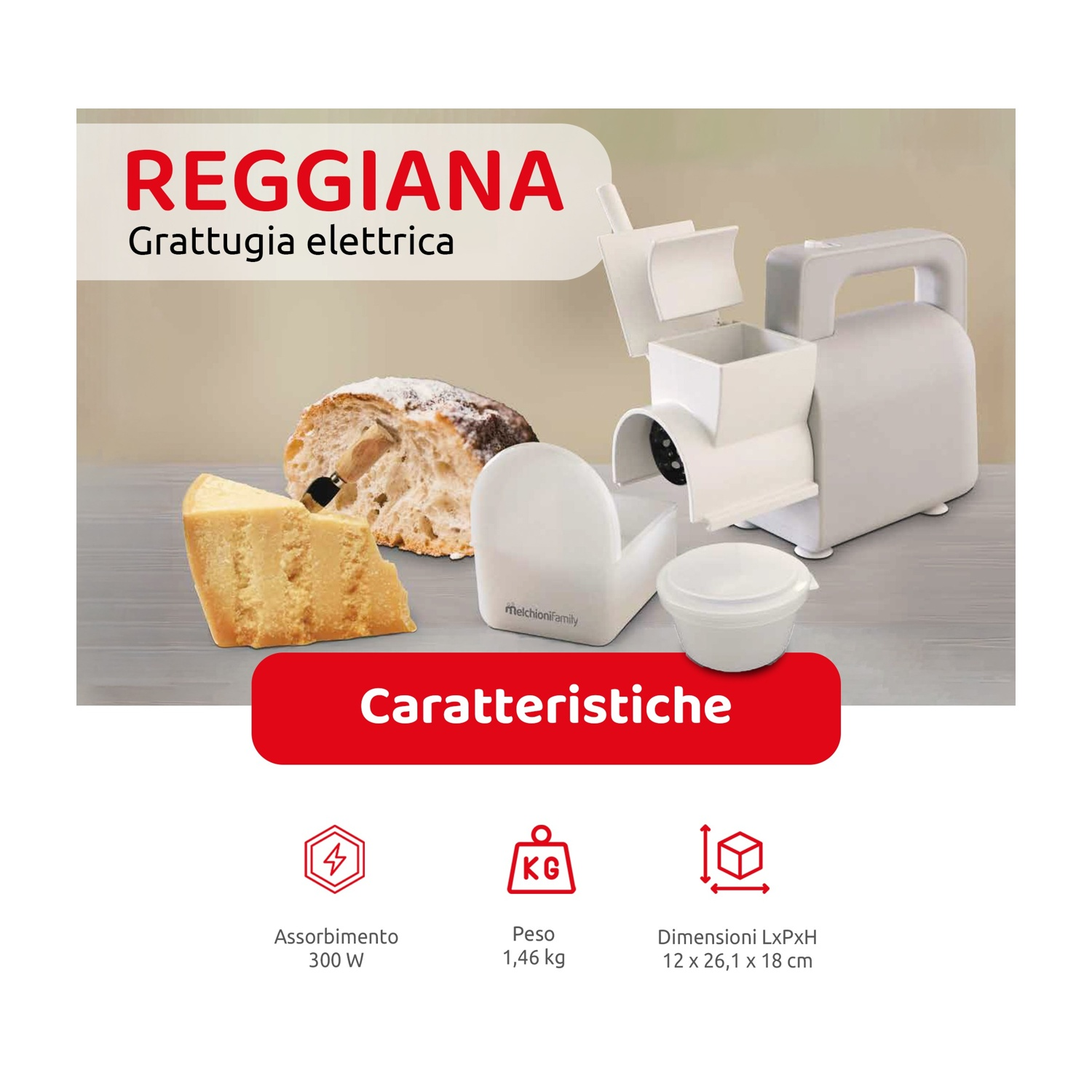 Una grattugia elettrica bianca accanto a formaggio e pane. Specifiche elencate.