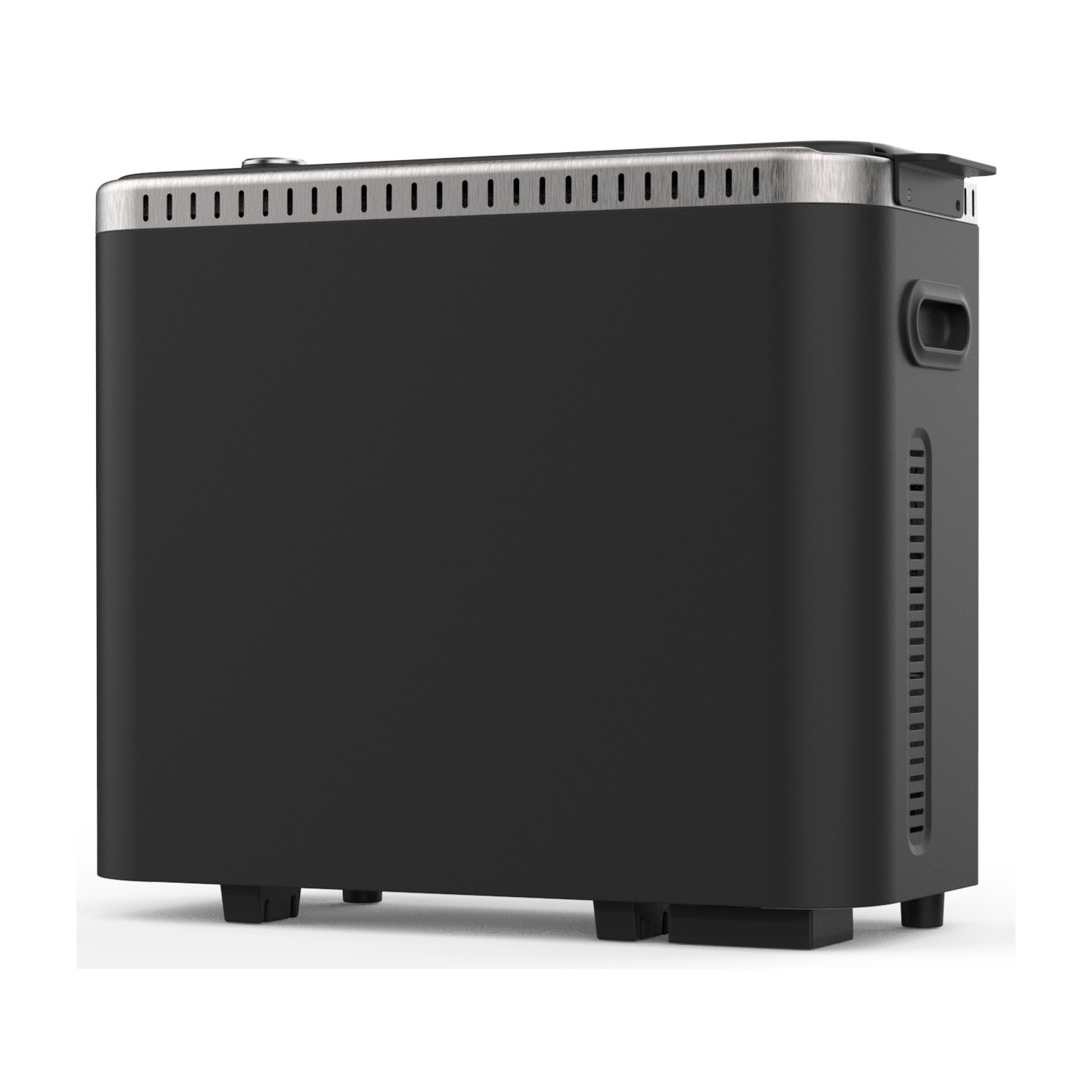 Tostapane in metallo nero con coperchio argentato e fessure di ventilazione.