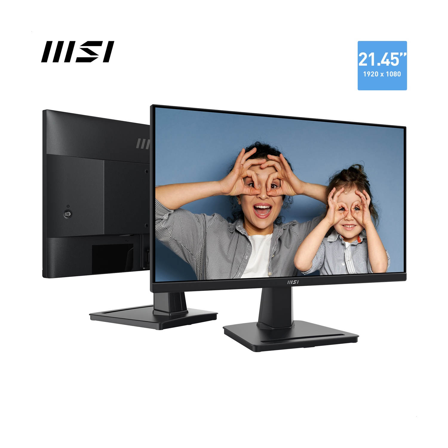 Monitor MSI con due persone che si coprono gli occhi. Vista posteriore visibile.