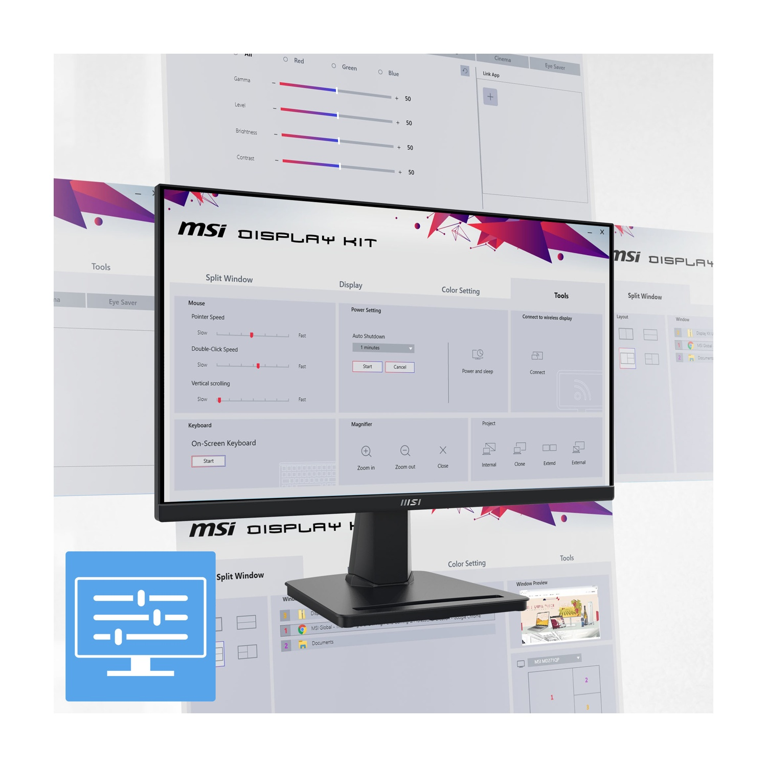Un monitor MSI mostra il software MSI Display Kit con impostazioni per mouse, tastiera e finestre.
