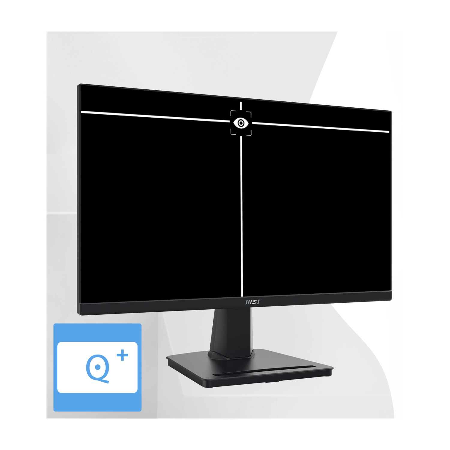 Monitor MSI nero con icona stilizzata dell'occhio su schermo nero.