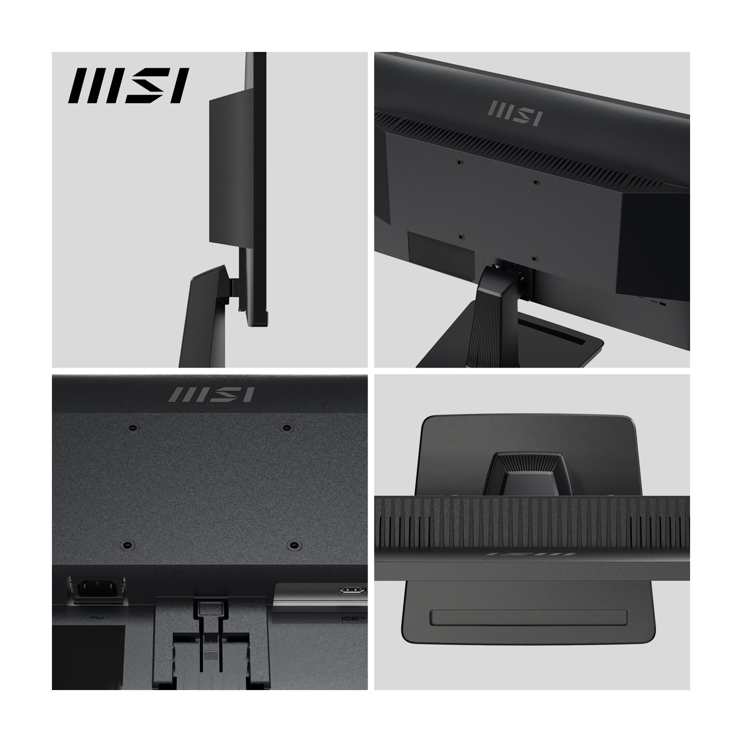 Monitor MSI nero: vista laterale, posteriore, porte e supporto.