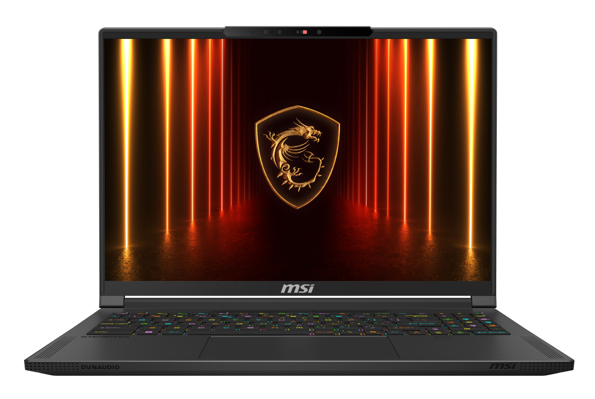 Laptop MSI z podświetlaną klawiaturą i herbem smoka na ekranie.