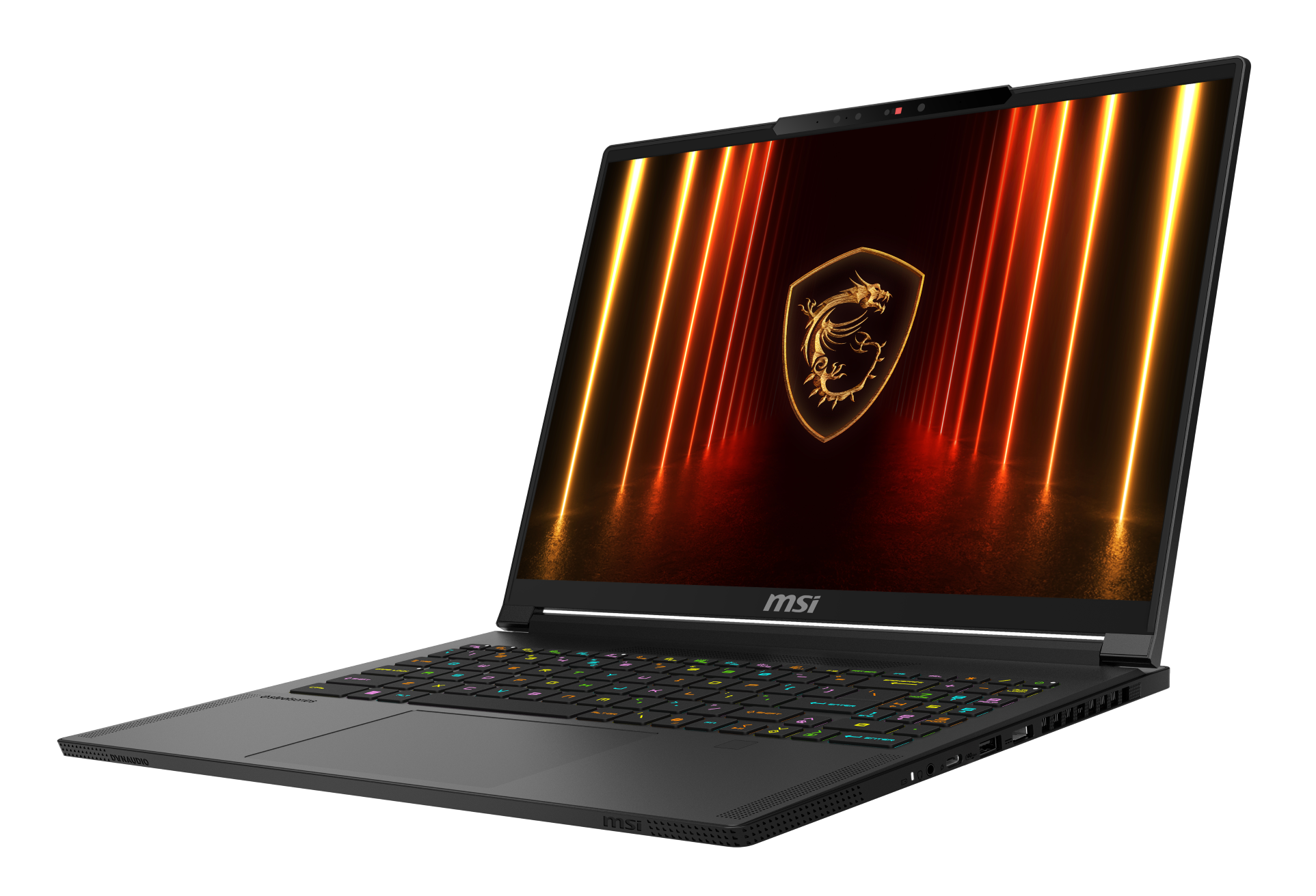 Czarny laptop z logo MSI i podświetlaną klawiaturą w ciemności.