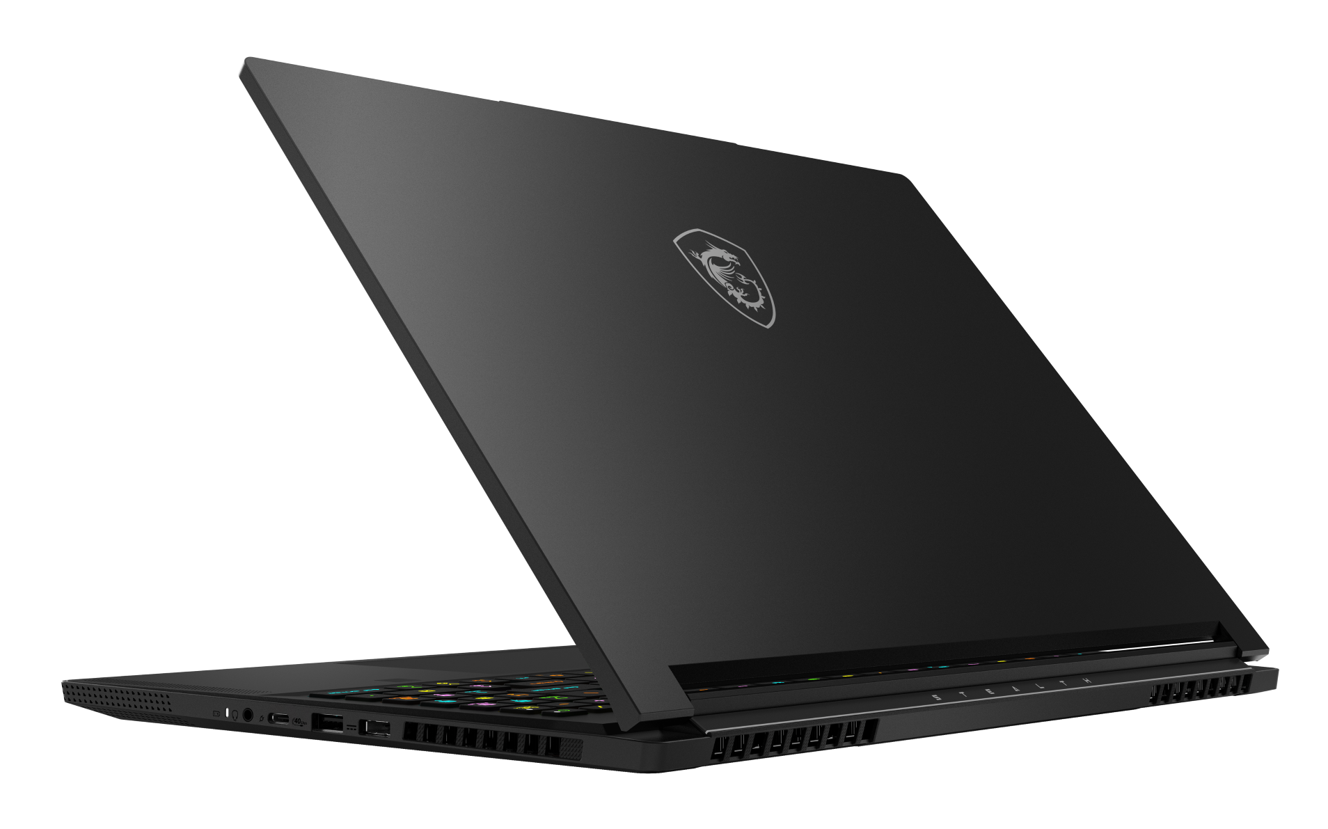 Czarny laptop MSI z otwartą pokrywą, widoczna kolorowa klawiatura.