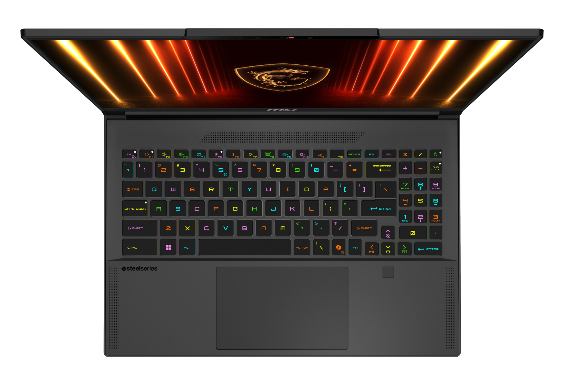 Widok z góry otwartego laptopa MSI z podświetlonym logo smoka na ekranie.