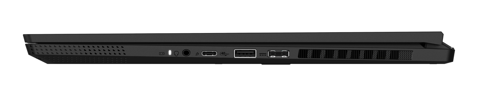 Bok czarnego laptopa z portami: USB-A, USB-C, audio, zasilanie.