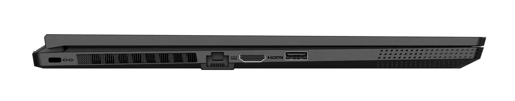 Czarny port laptopa z USB, HDMI, Ethernet i otworami wentylacyjnymi.