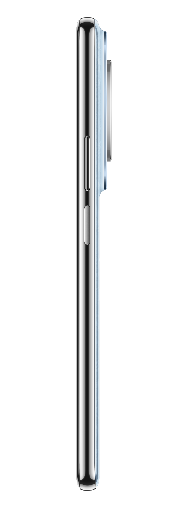 Widok z boku srebrnego smartfona z soczewkami aparatu i przyciskami.