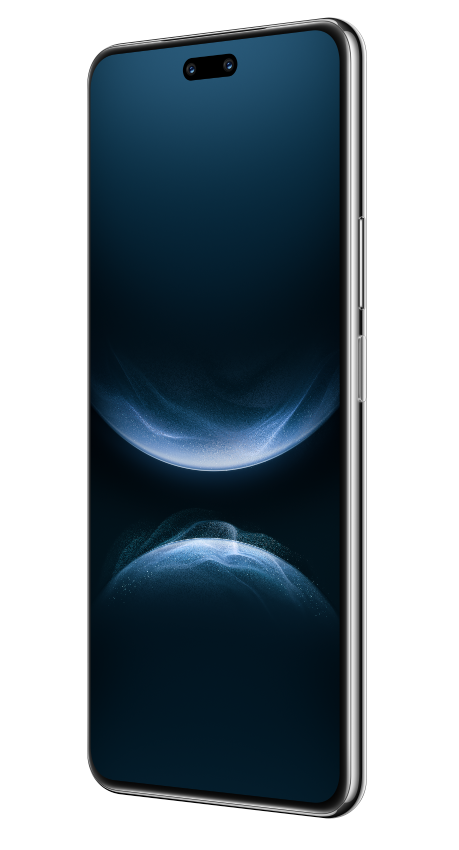 Elegancki smartfon z niebieską tapetą i dwoma aparatami u góry.