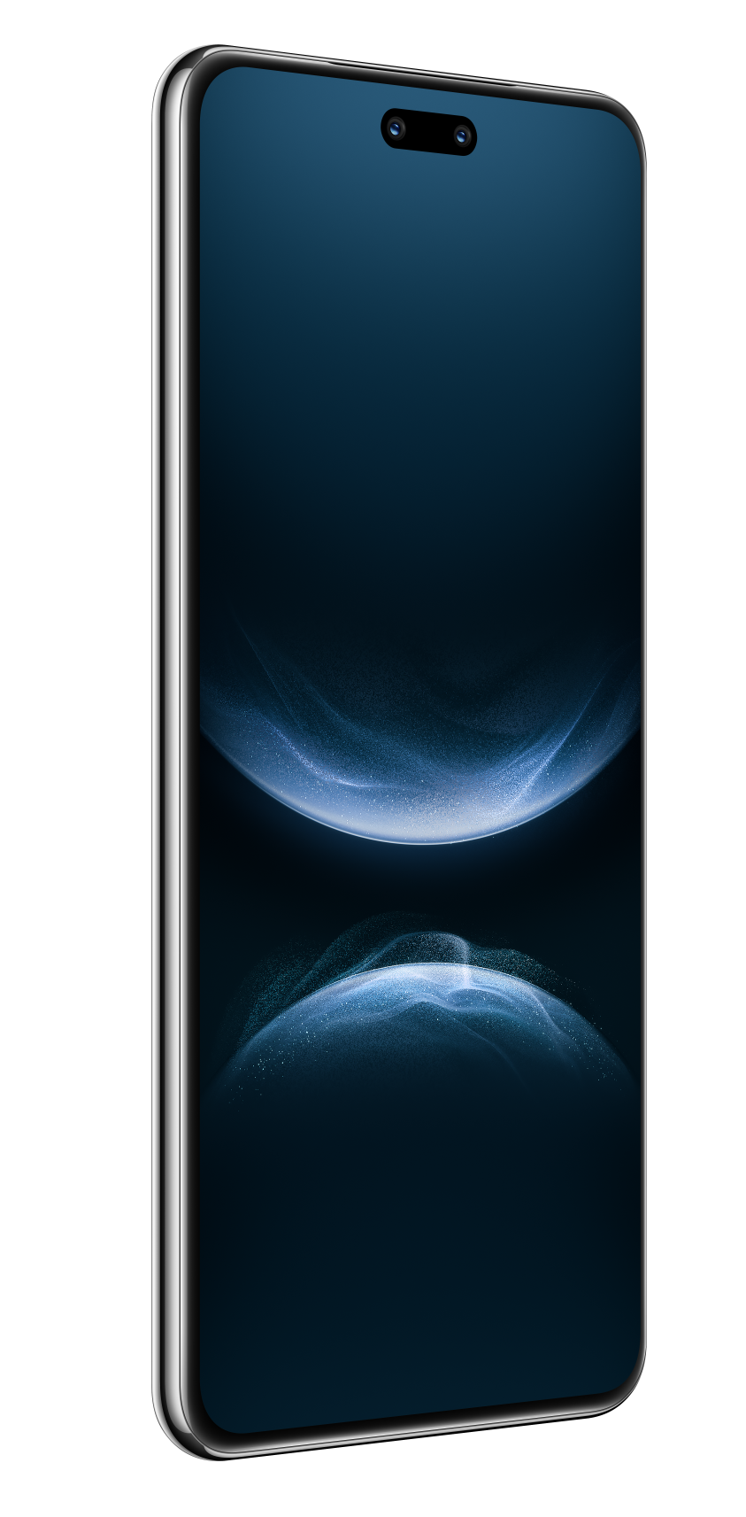 Ciemny smartfon z niebieskim, abstrakcyjnym tłem.