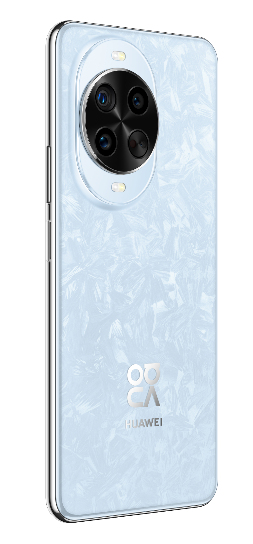 Jasnoniebieski smartfon Huawei z lodowym wzorem i okrągłą wyspą aparatu.