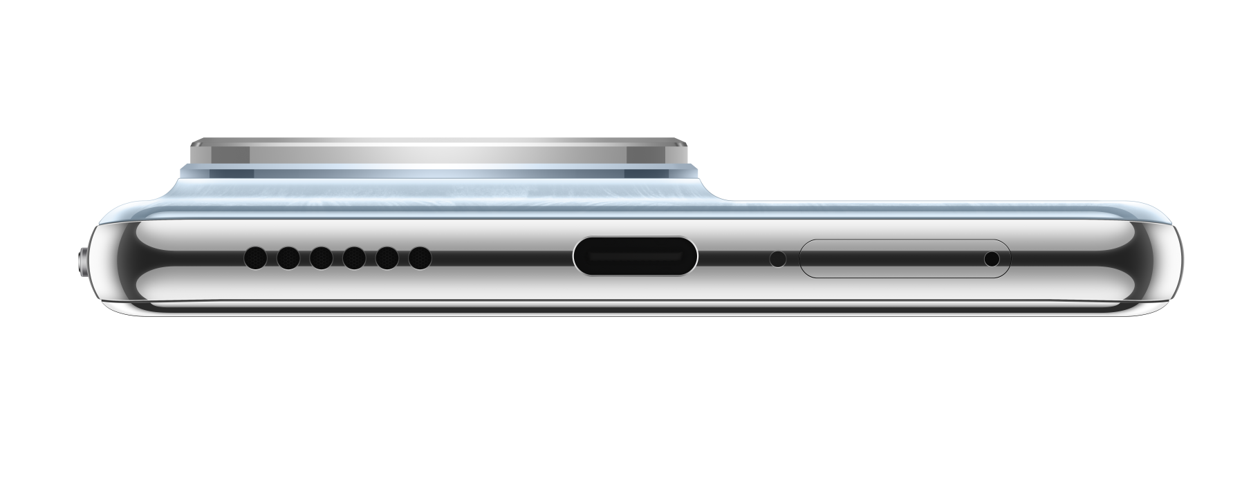 Zbliżenie na dolną krawędź srebrnego smartfona z portem ładowania i otworami głośników.