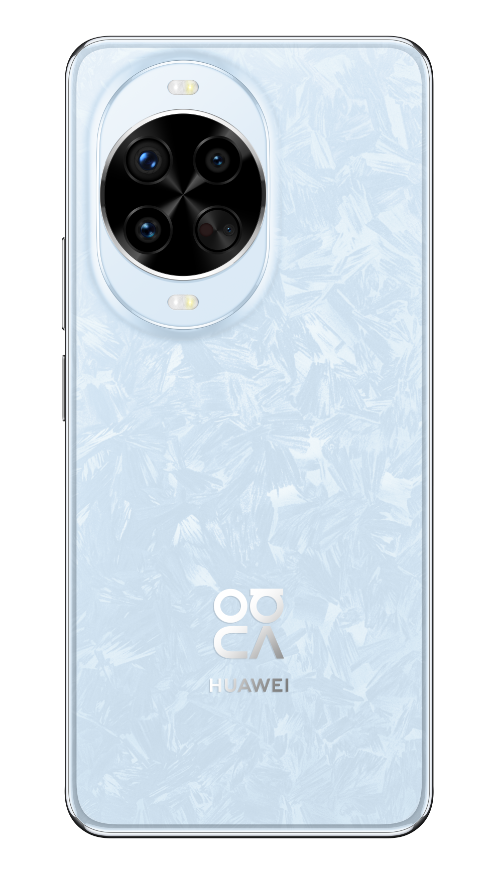 Tył jasnoniebieskiego smartfona Huawei ze wzorem kryształków lodu i okrągłym modułem aparatu.