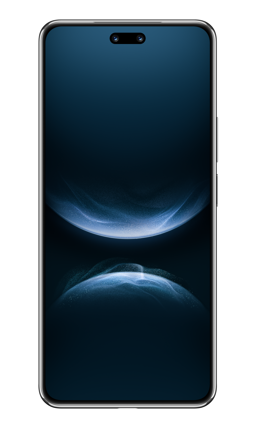 Ciemnoniebieski smartfon z dwiema górnymi kamerami i abstrakcyjnym wzorem.