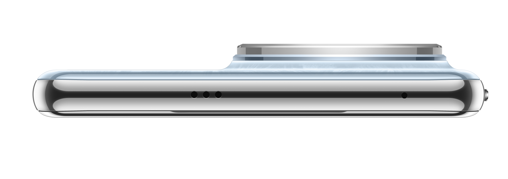 Zbliżenie srebrnego smartfona pokazujące porty i pierścień niebieskiego światła.