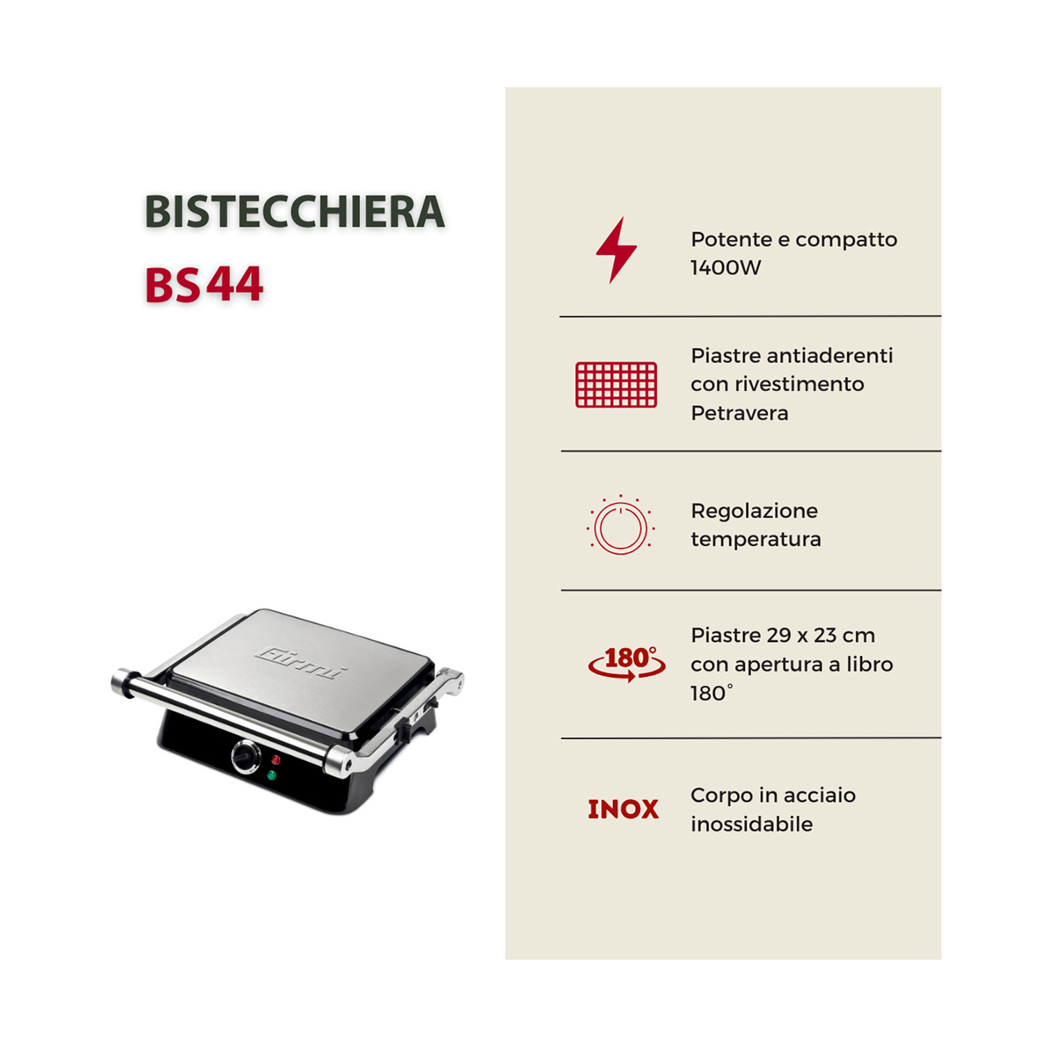 Una bistecchiera in acciaio inox con base nera e dettagli rossi/verdi.