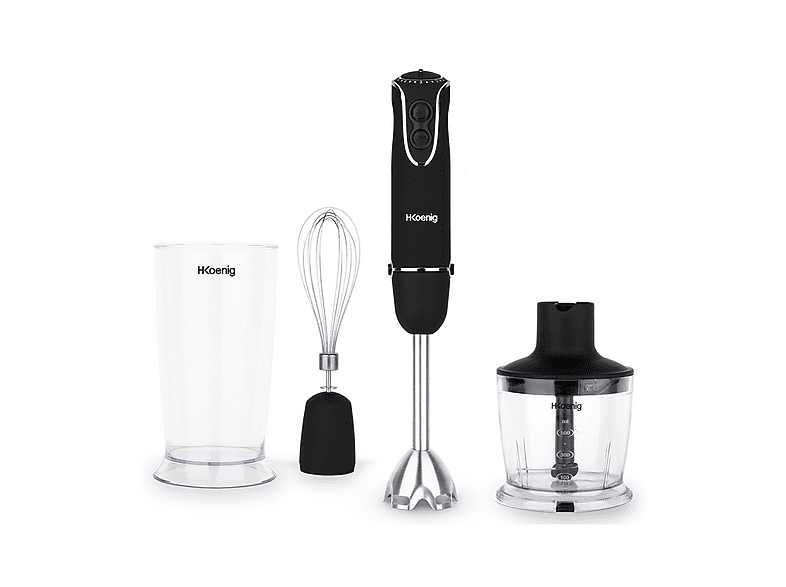 Frullatore ad immersione H.KOENIG MIX75, Potenza massima 850 W, Recipiente da 0.6 l, Livelli di potenza 5 velocità, Nero e trasparente
