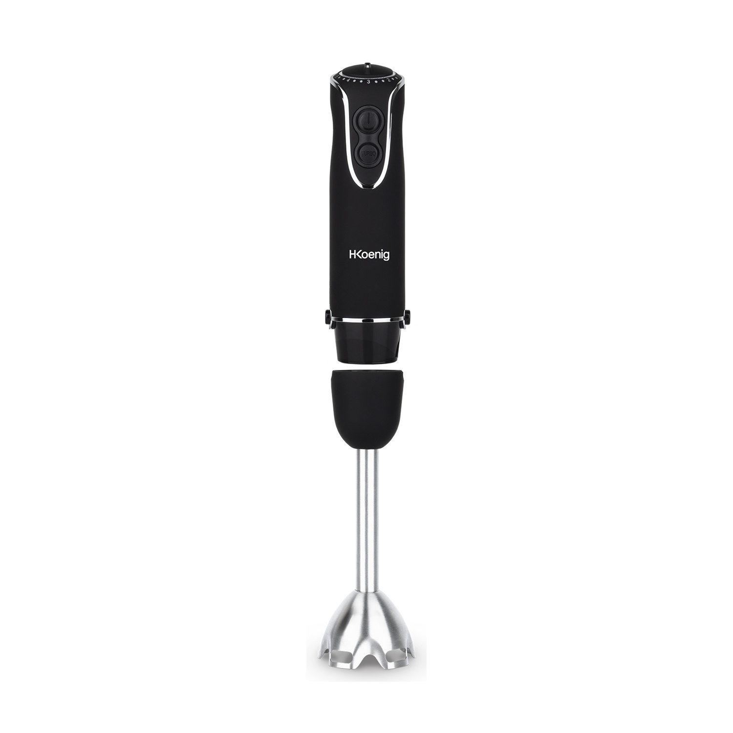 Frullatore a immersione nero H.Koenig con piede in acciaio inox e turbo.