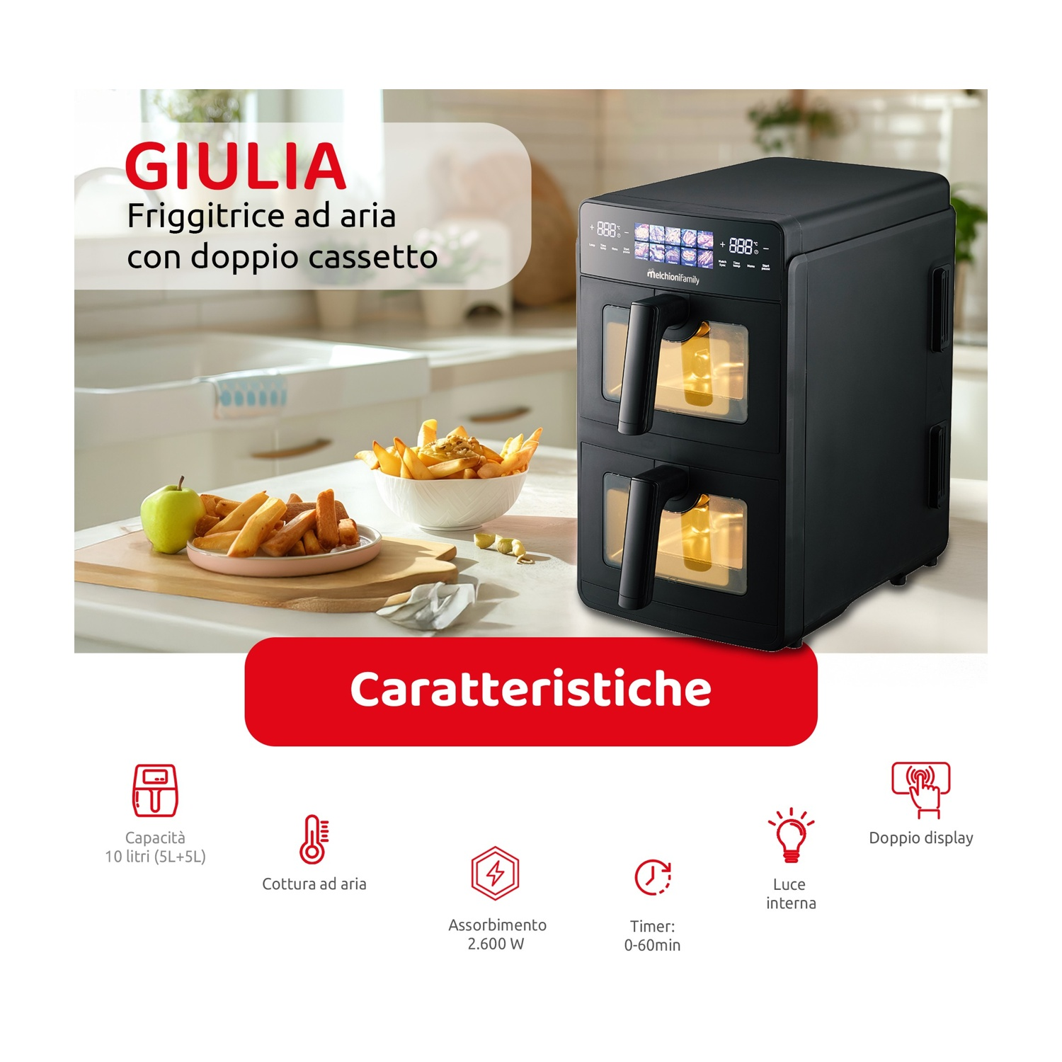Friggitrice ad aria doppia con due cassetti, con patatine e mela accanto.