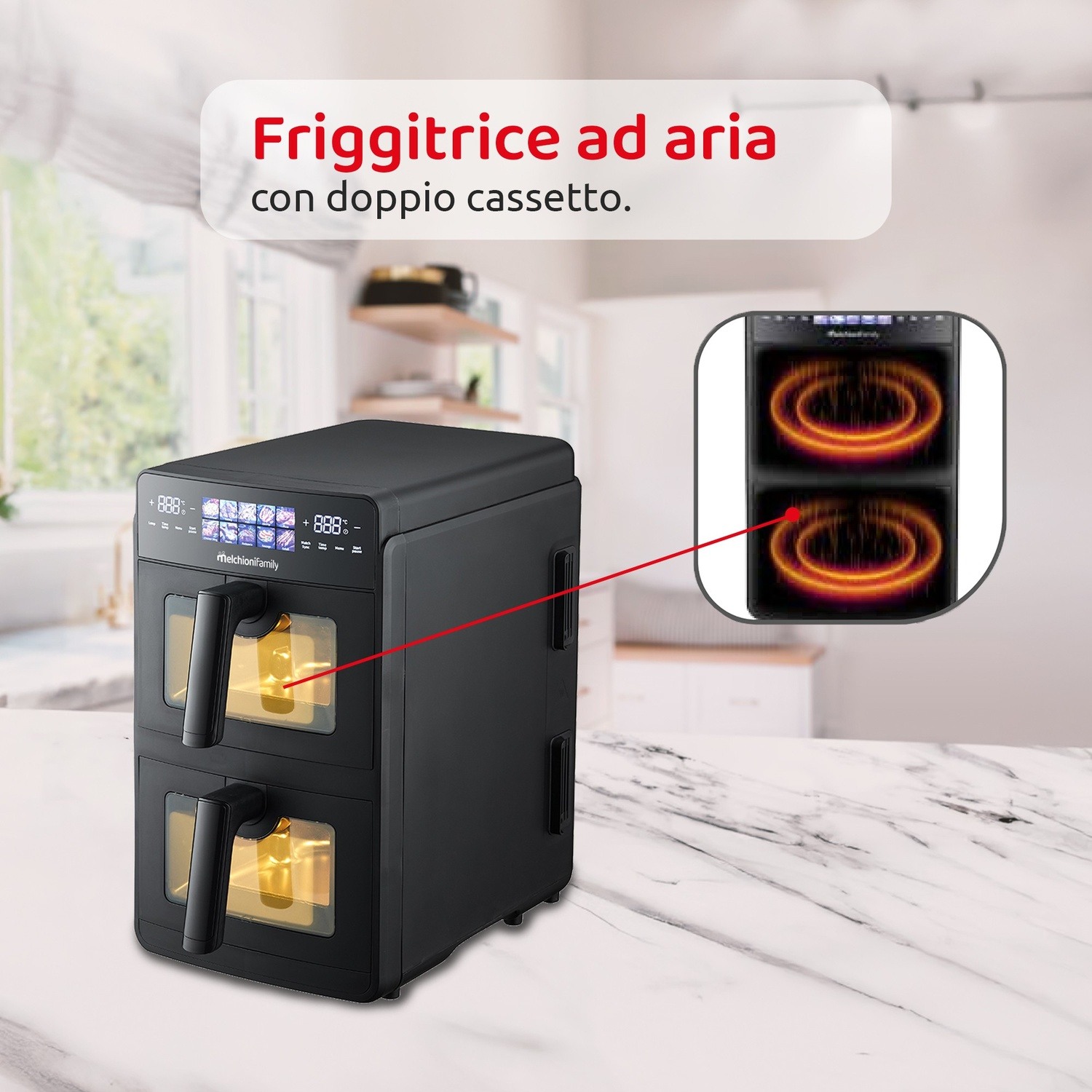 Friggitrice ad aria nera a doppio cassetto su tavolo di marmo. Display mostra tempo cottura.