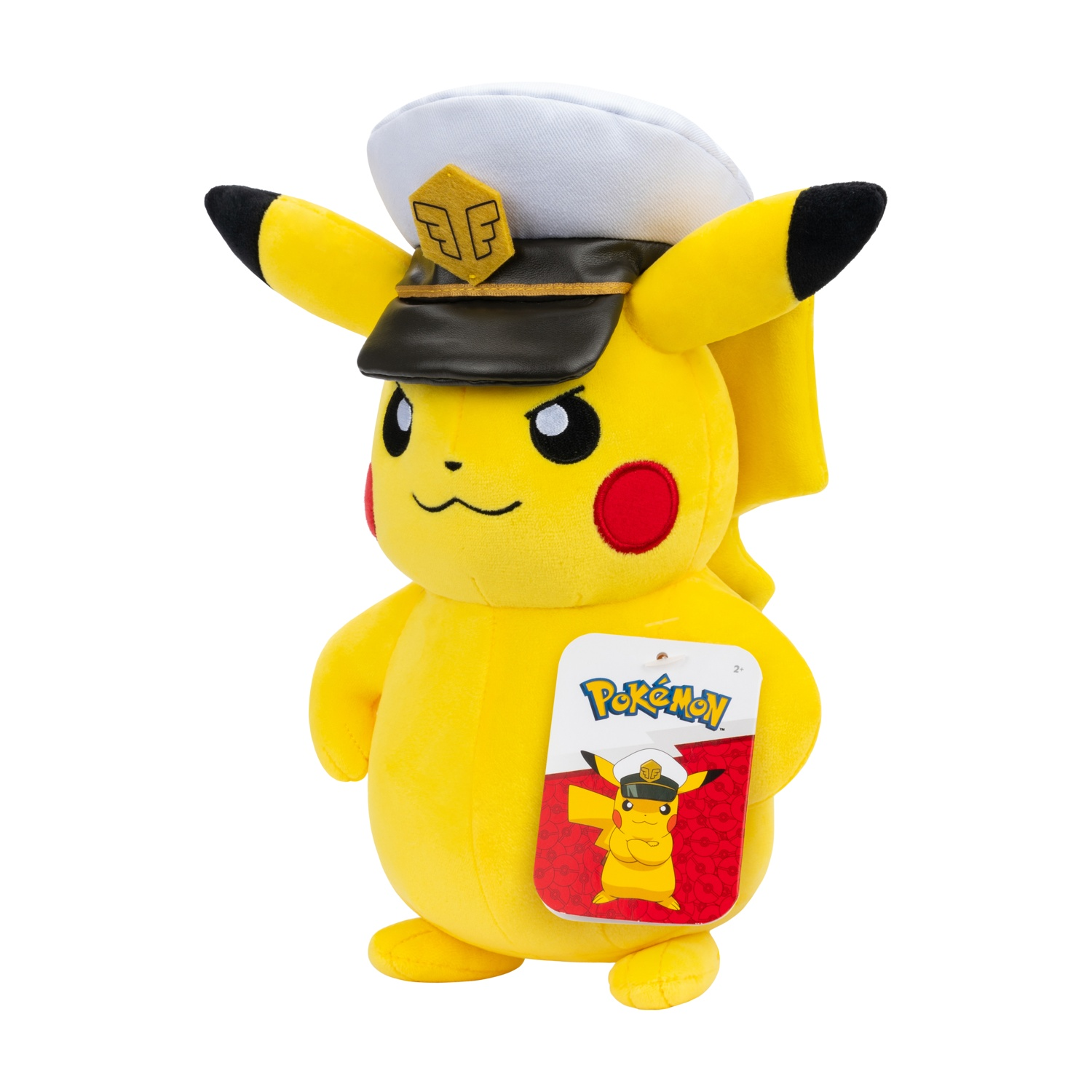 Un peluche giallo di Pikachu con cappello da capitano e etichetta Pokémon.