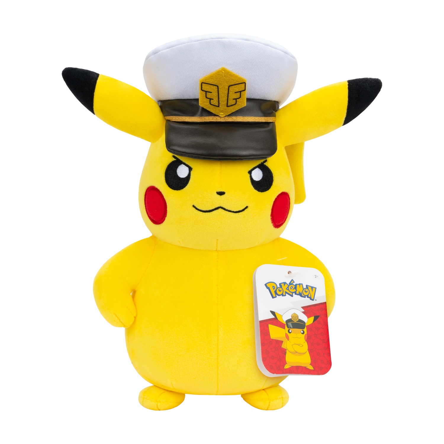 Un peluche giallo di Pikachu con un cappello da capitano bianco e fascia nera.