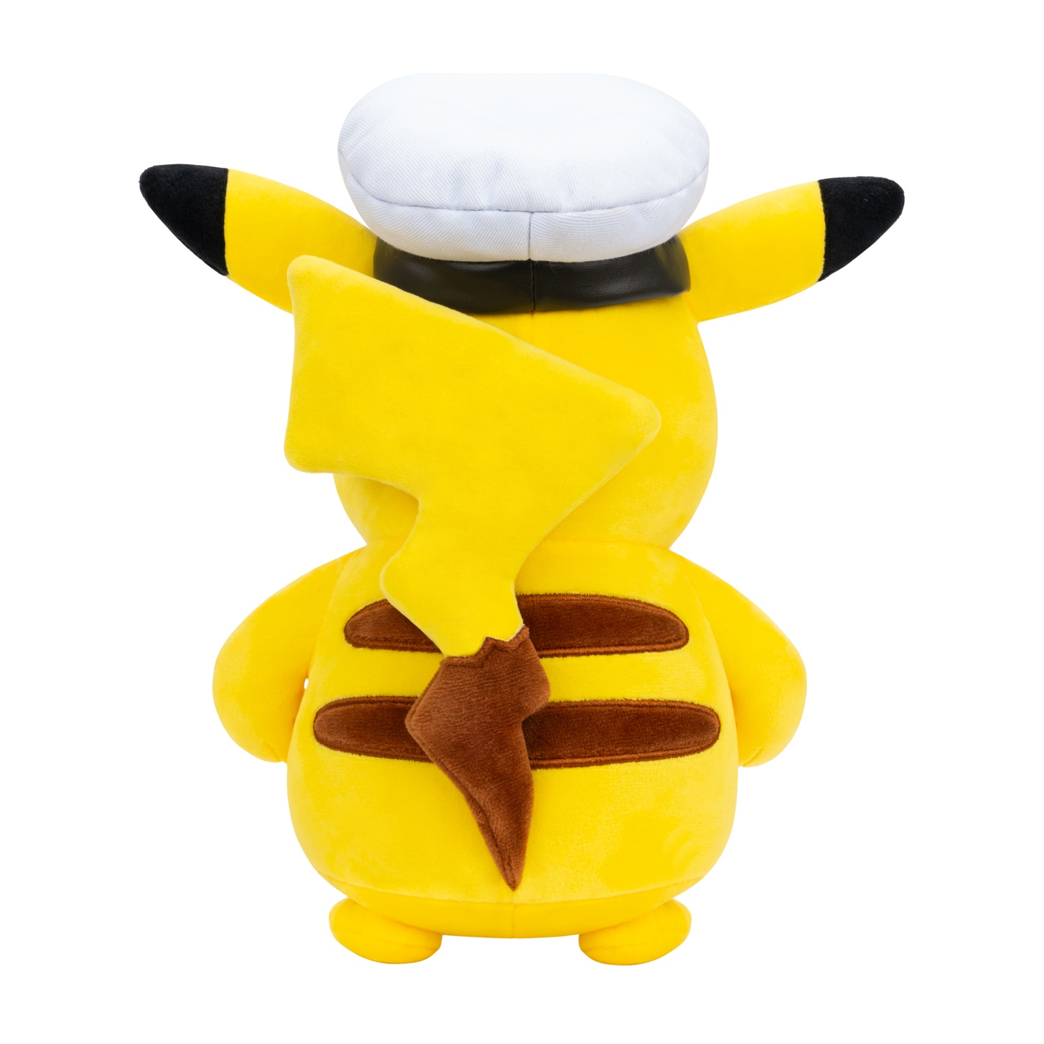 Un peluche giallo di Pikachu con cappello bianco e strisce marroni.