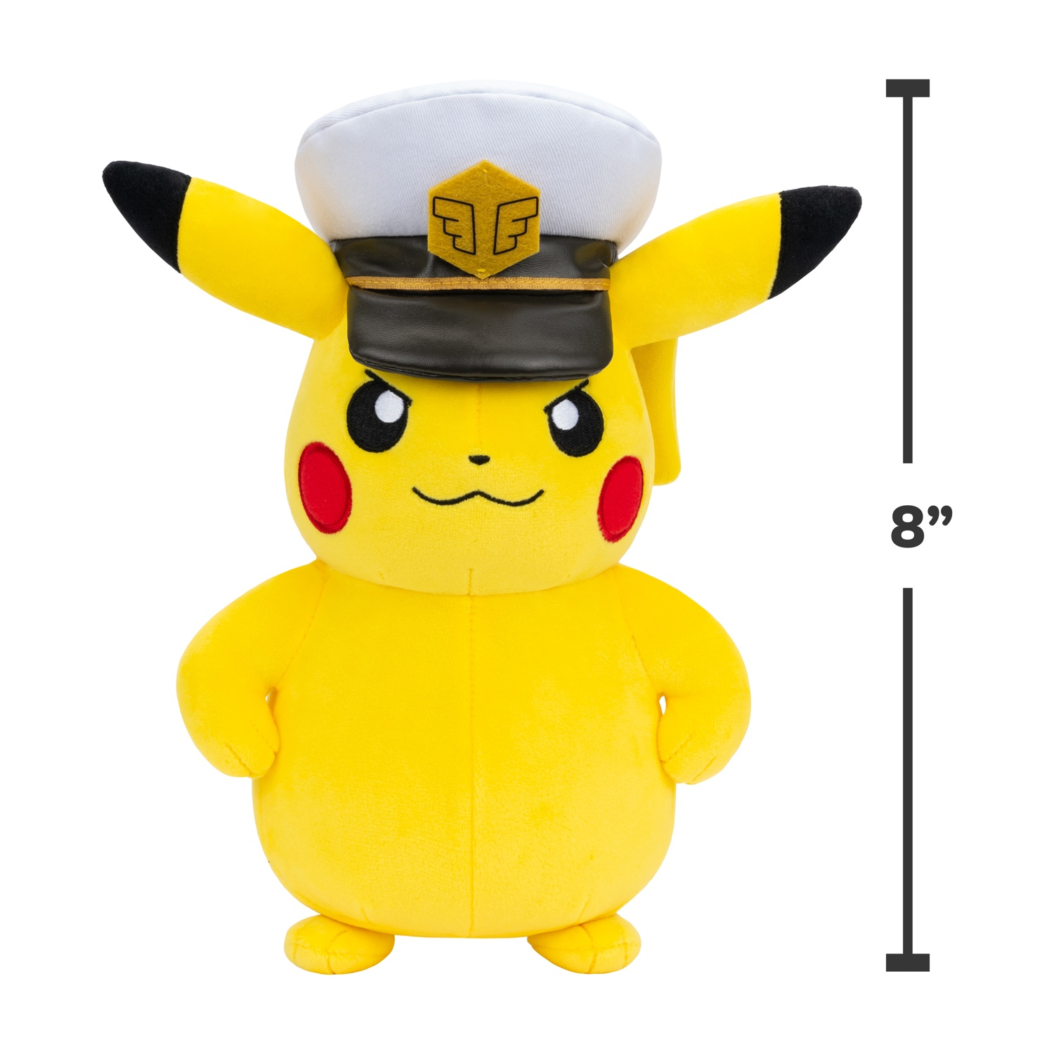 Un Pikachu di peluche giallo con cappello da capitano, scala 8 pollici.