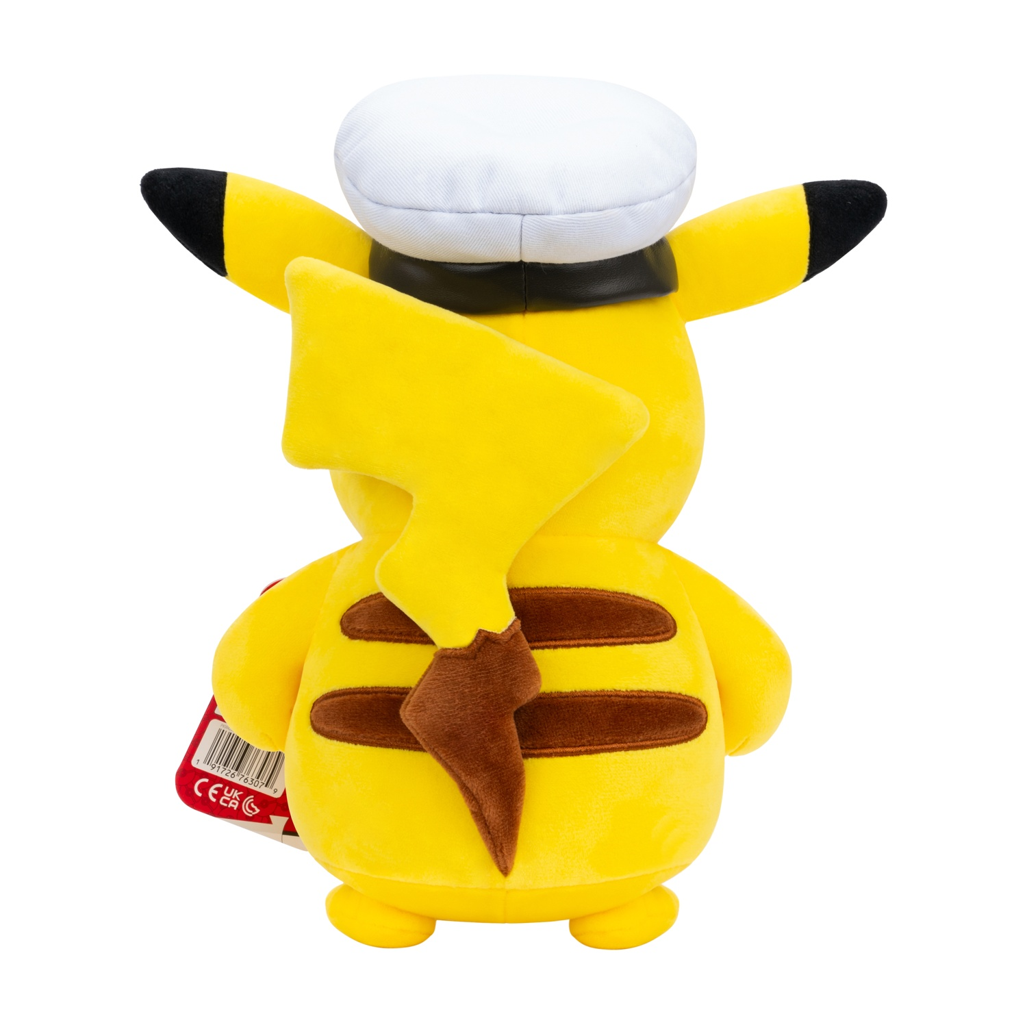 Peluche giallo di Pikachu con cappello bianco e strisce marroni.