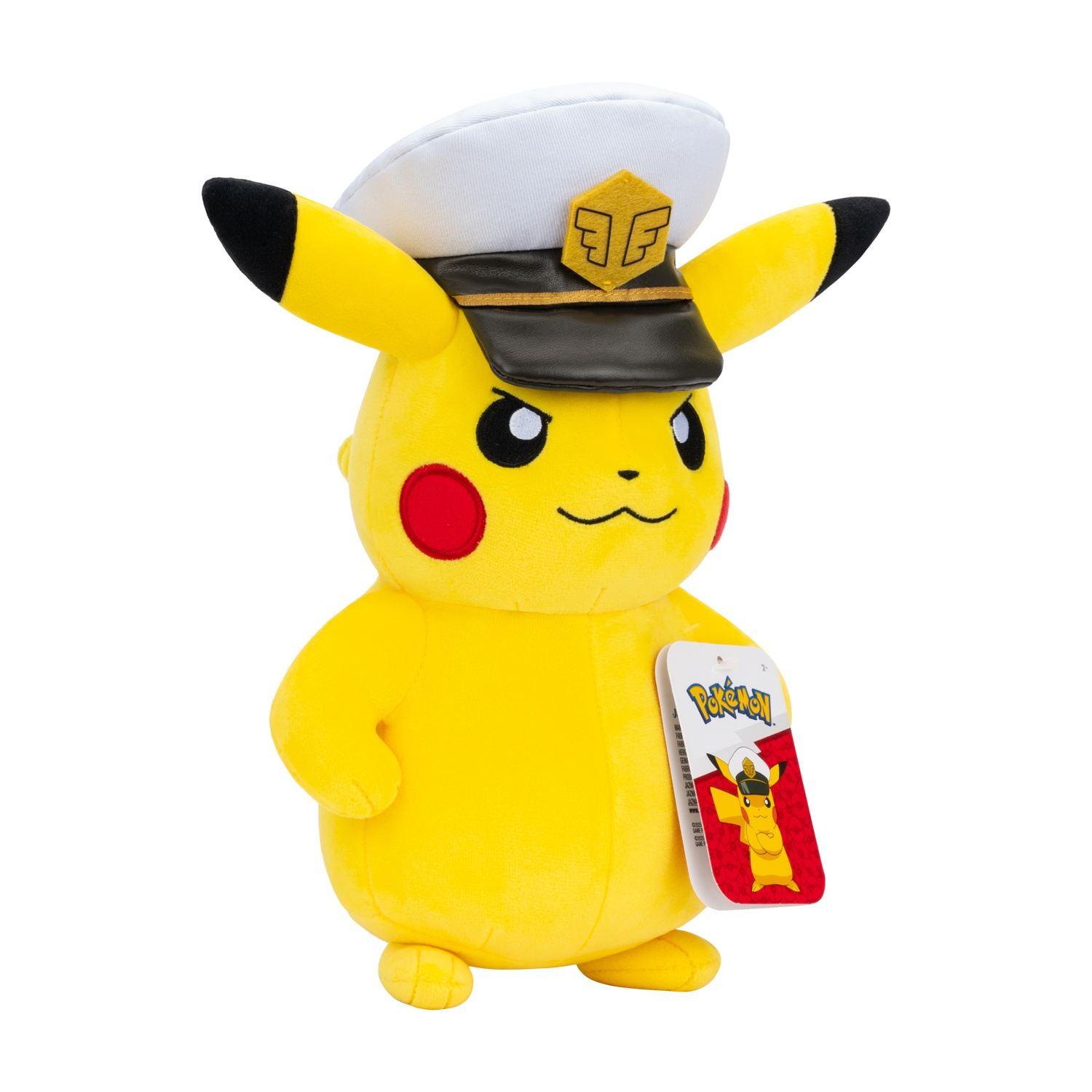 Peluche Pikachu giallo con cappello da capitano bianco e visiera nera.