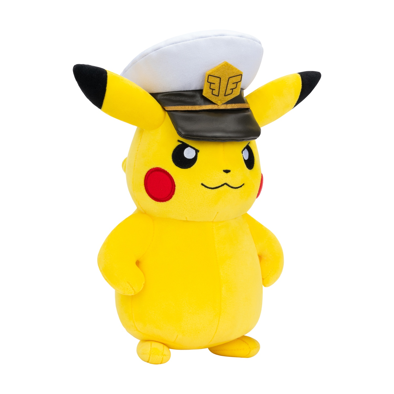 Un peluche giallo di Pikachu con cappello da capitano e visiera nera.