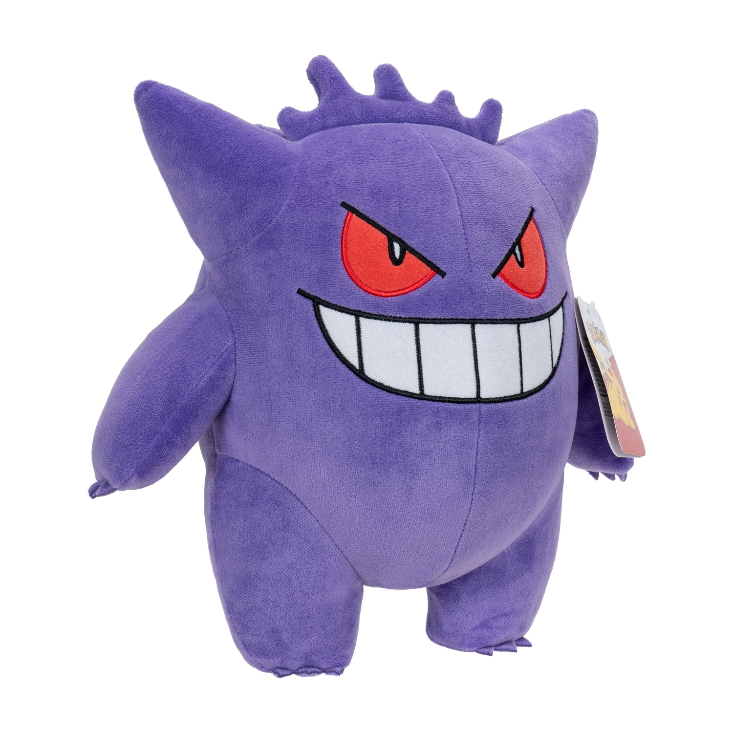 Peluche viola di Gengar con occhi rossi e ampio sorriso.
