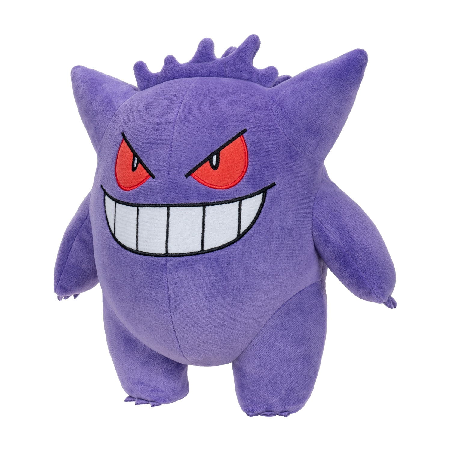 Un peluche Gengar viola con occhi rossi e un ampio sorriso.
