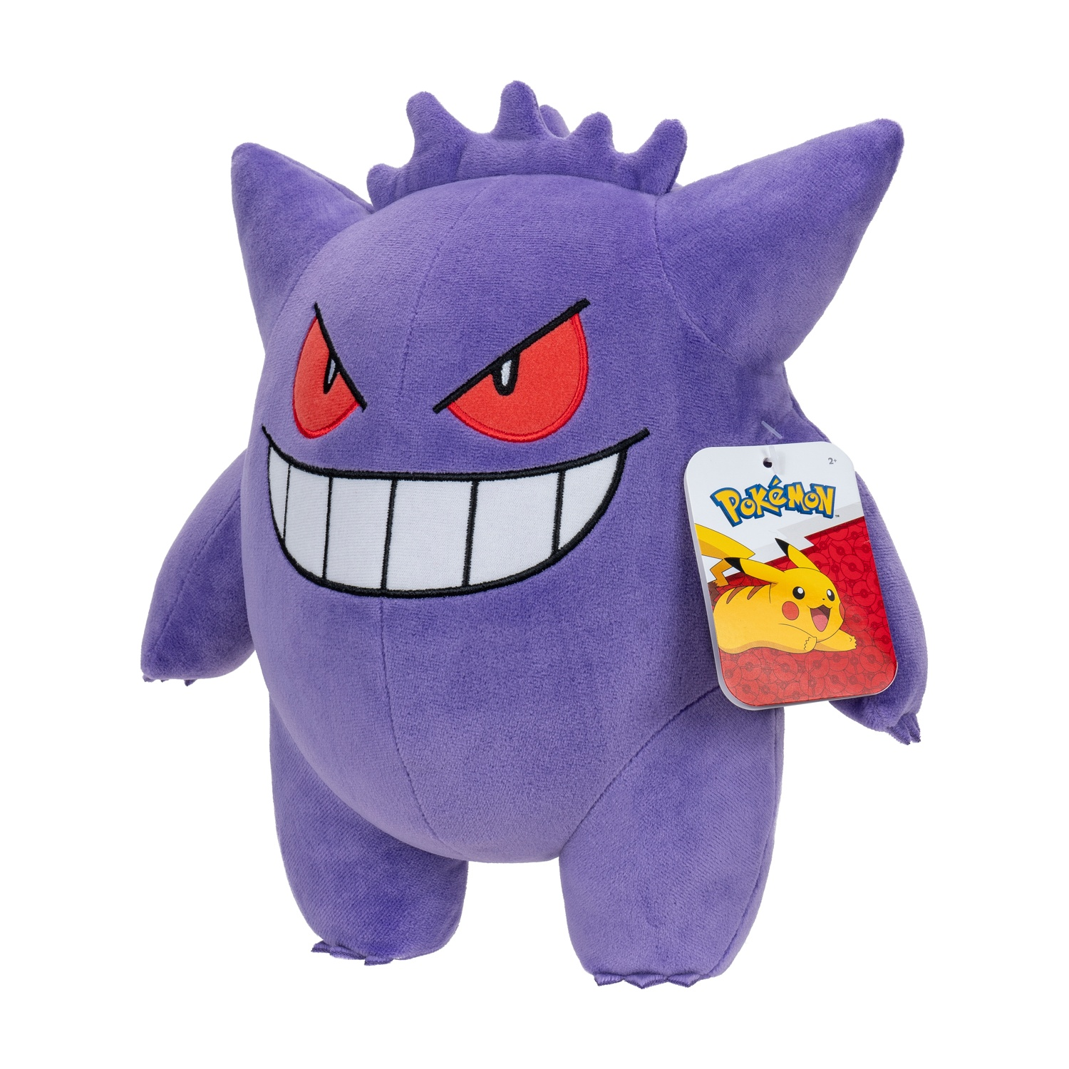 Peluche viola di Gengar con bocca e occhi rossi, con etichetta Pokémon.