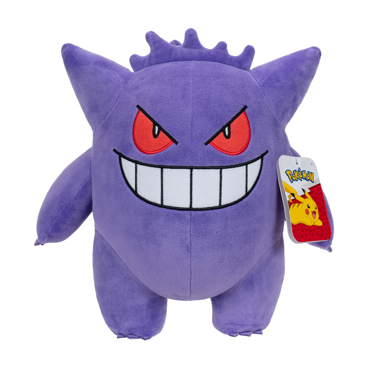 Peluche viola Pokémon con occhi rossi e ampio sorriso.