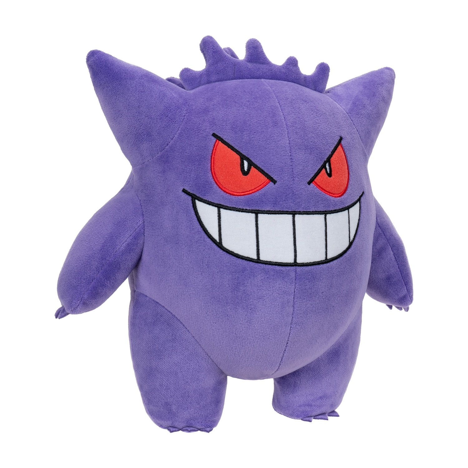 Peluche viola con occhi rossi, ampio sorriso e orecchie a punta.