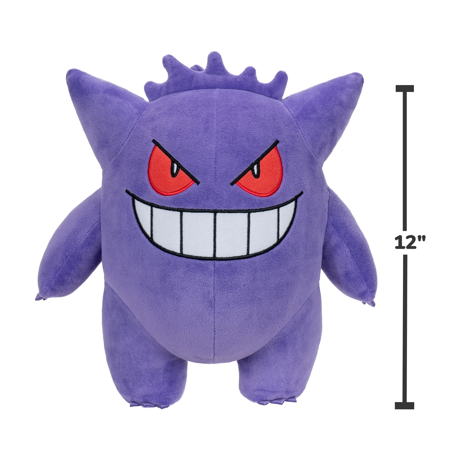 Peluche viola Pokémon con occhi rossi e ampio sorriso, alto 30 cm.