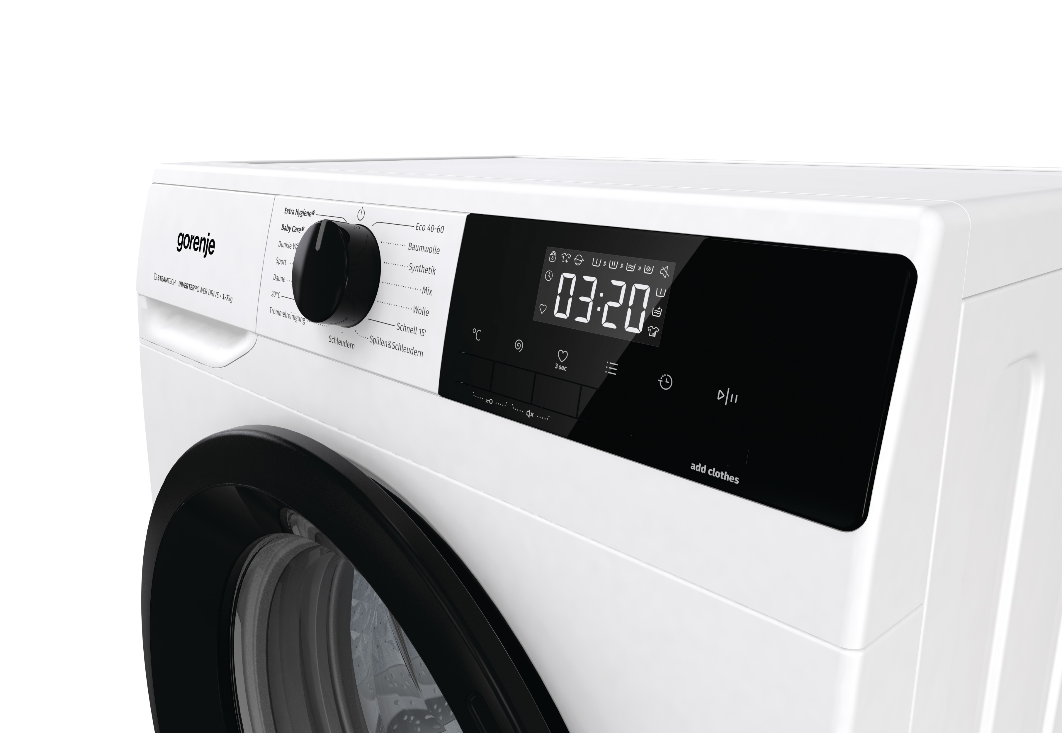 Vorderansicht einer weißen Gorenje Waschmaschine mit schwarzem Bedienfeld und Tür.