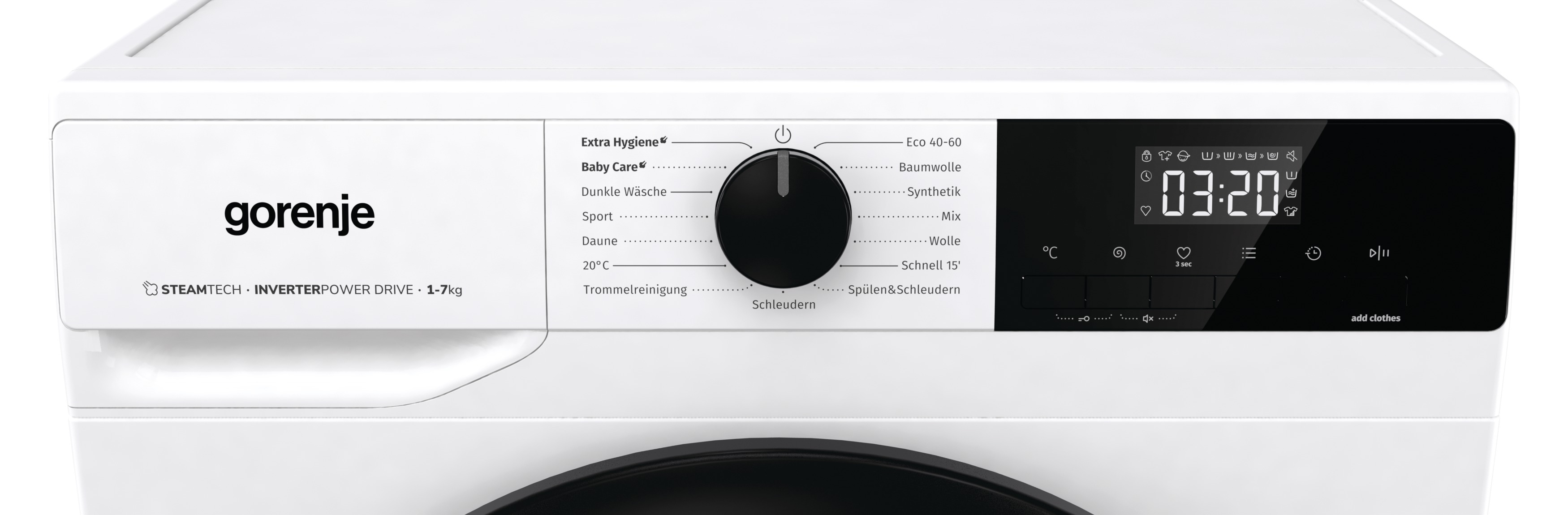 Bedienfeld einer weißen Gorenje Waschmaschine mit Programmauswahl und digitaler Anzeige.