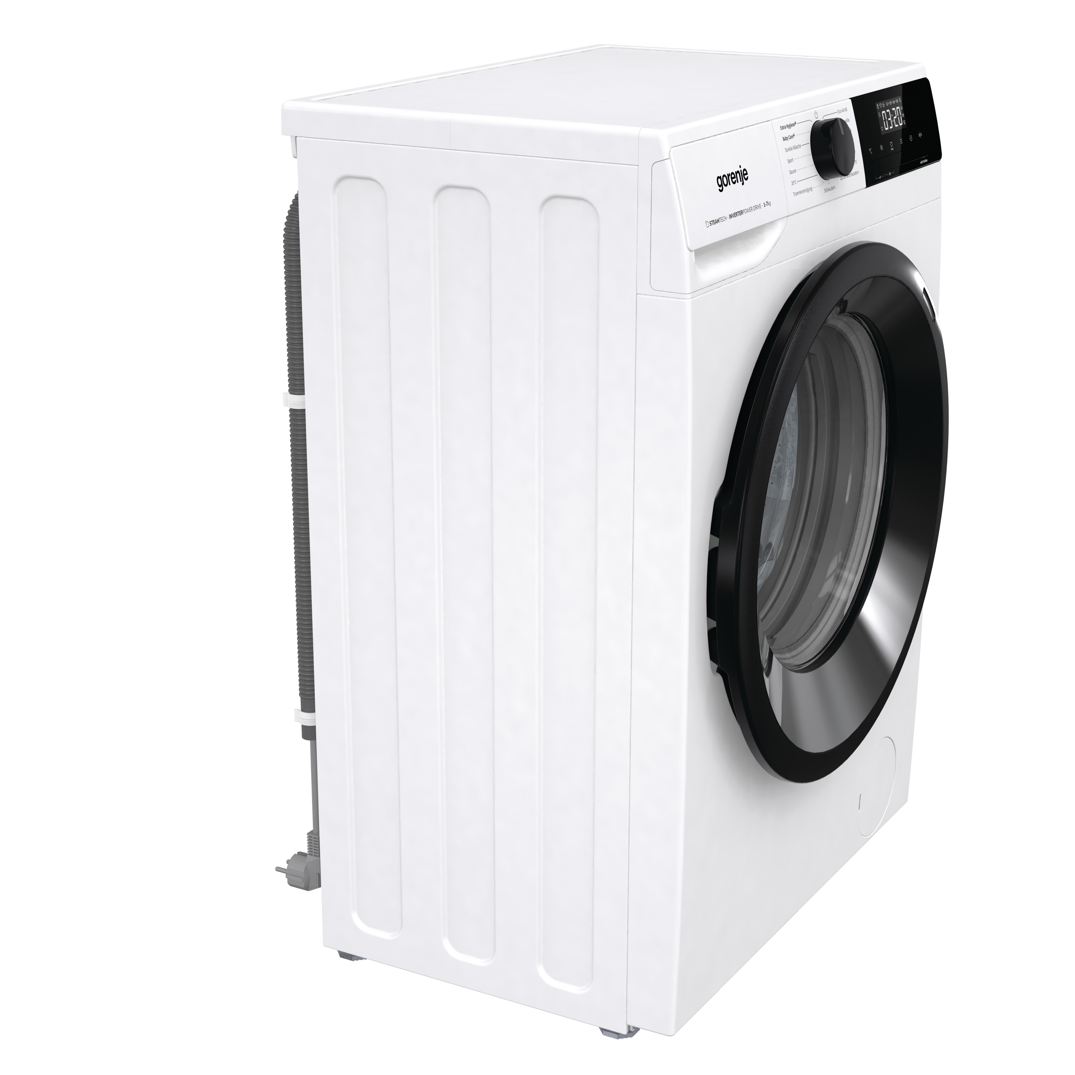Weiße Gorenje Waschmaschine mit schwarzer Tür und Bedienfeld.