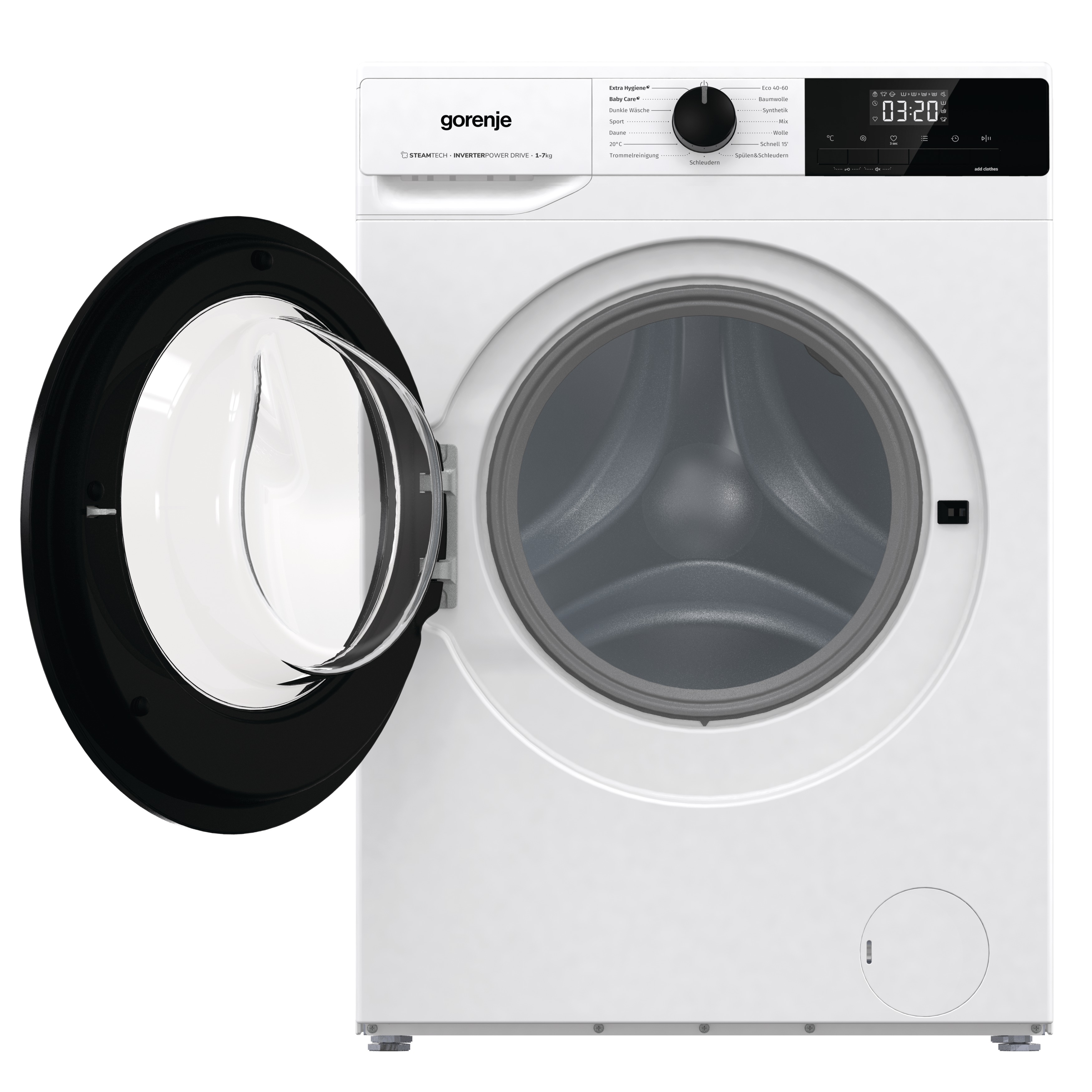 Eine weiße Gorenje Waschmaschine mit geöffneter Tür und digitaler Anzeige.