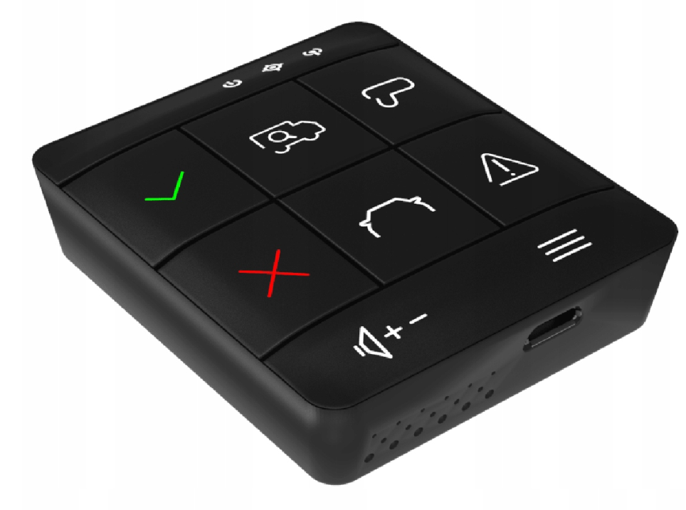 Czarny przycisk z ikonami: zaznaczenie, samochód, ostrzeżenie, X, menu, głośność.