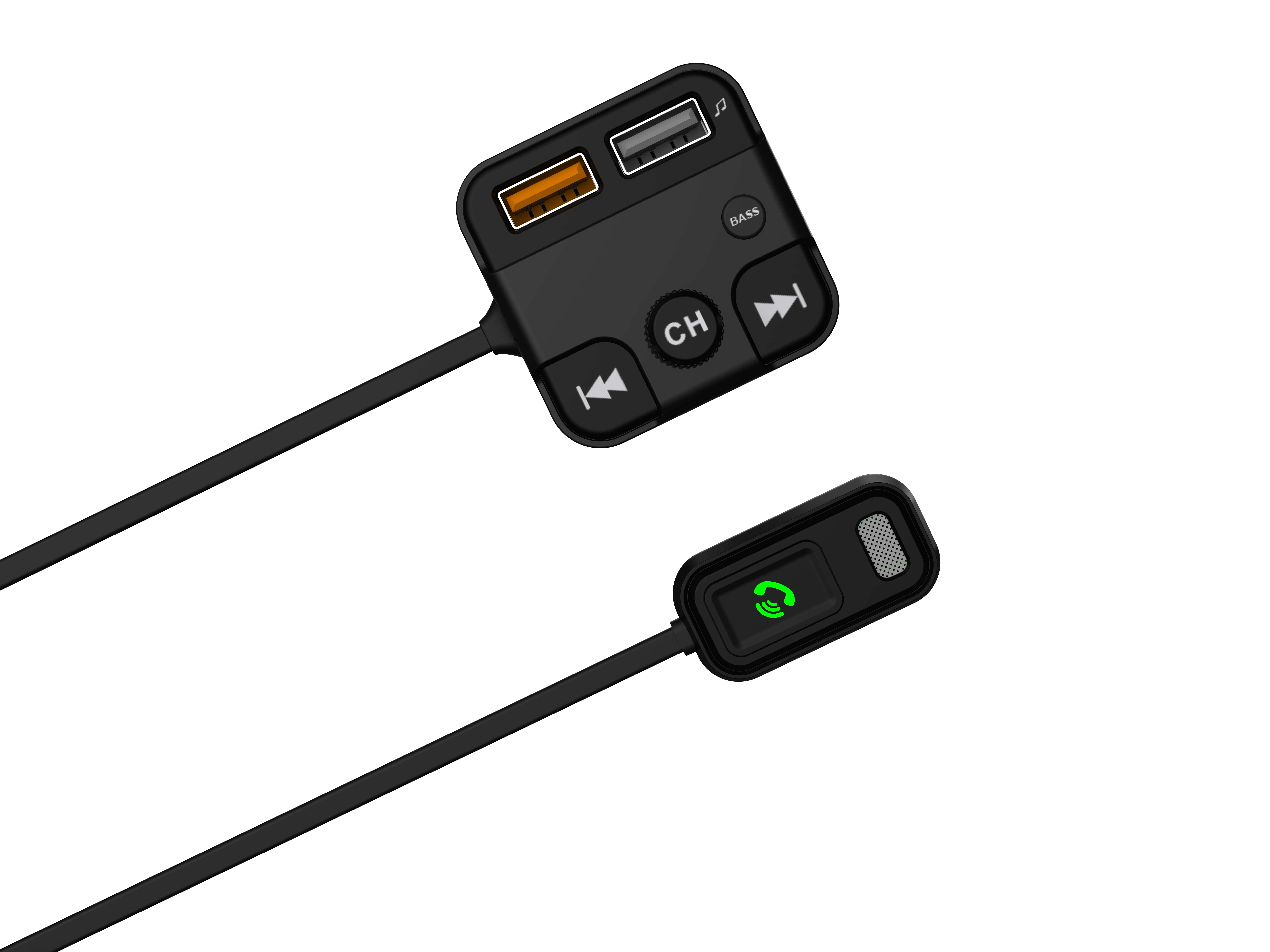 Fekete Bluetooth adó, két USB porttal, gombokkal és zöld telefon ikonnal.