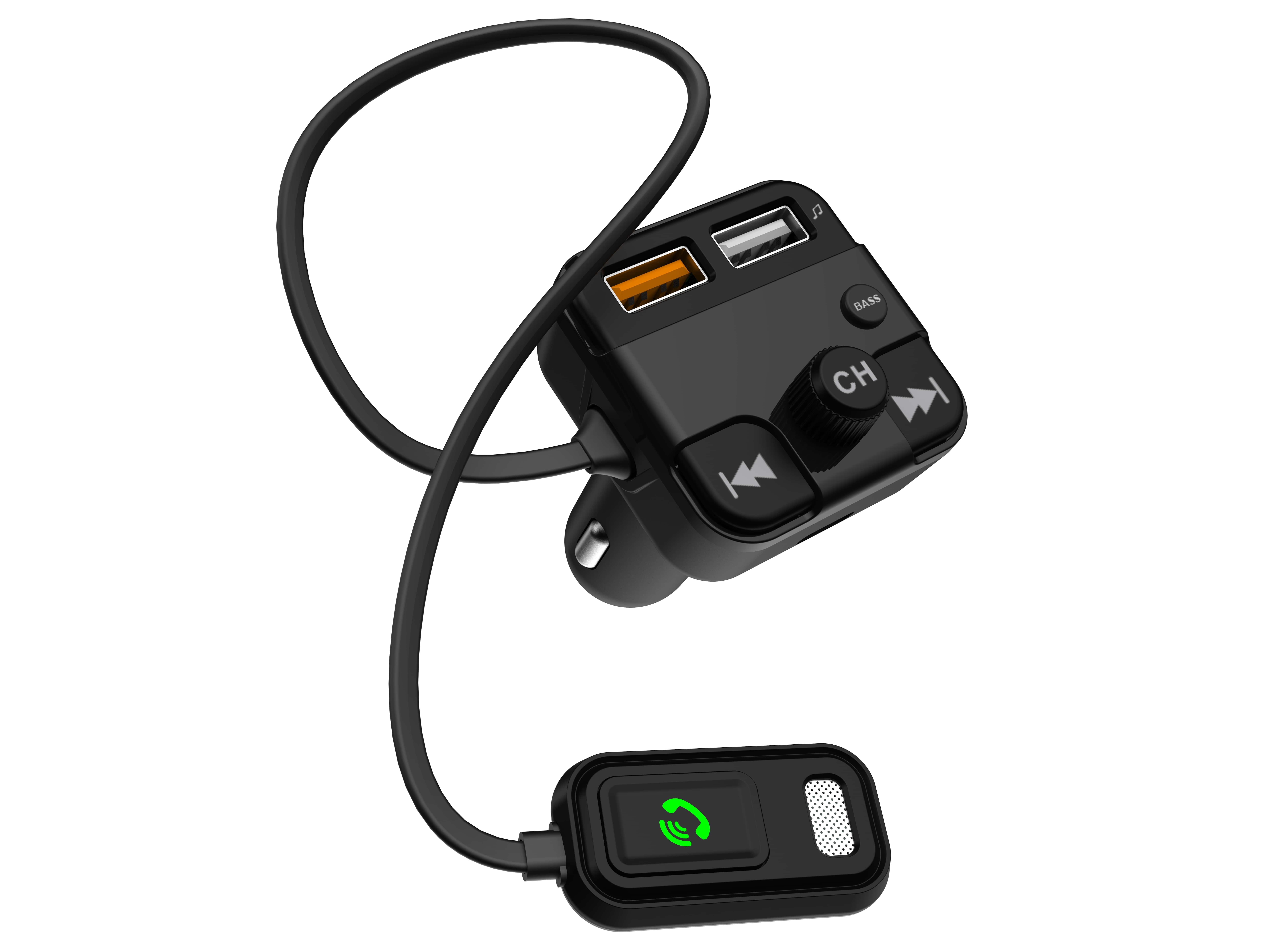 Fekete autós adó két USB porttal és hívás gombbal.