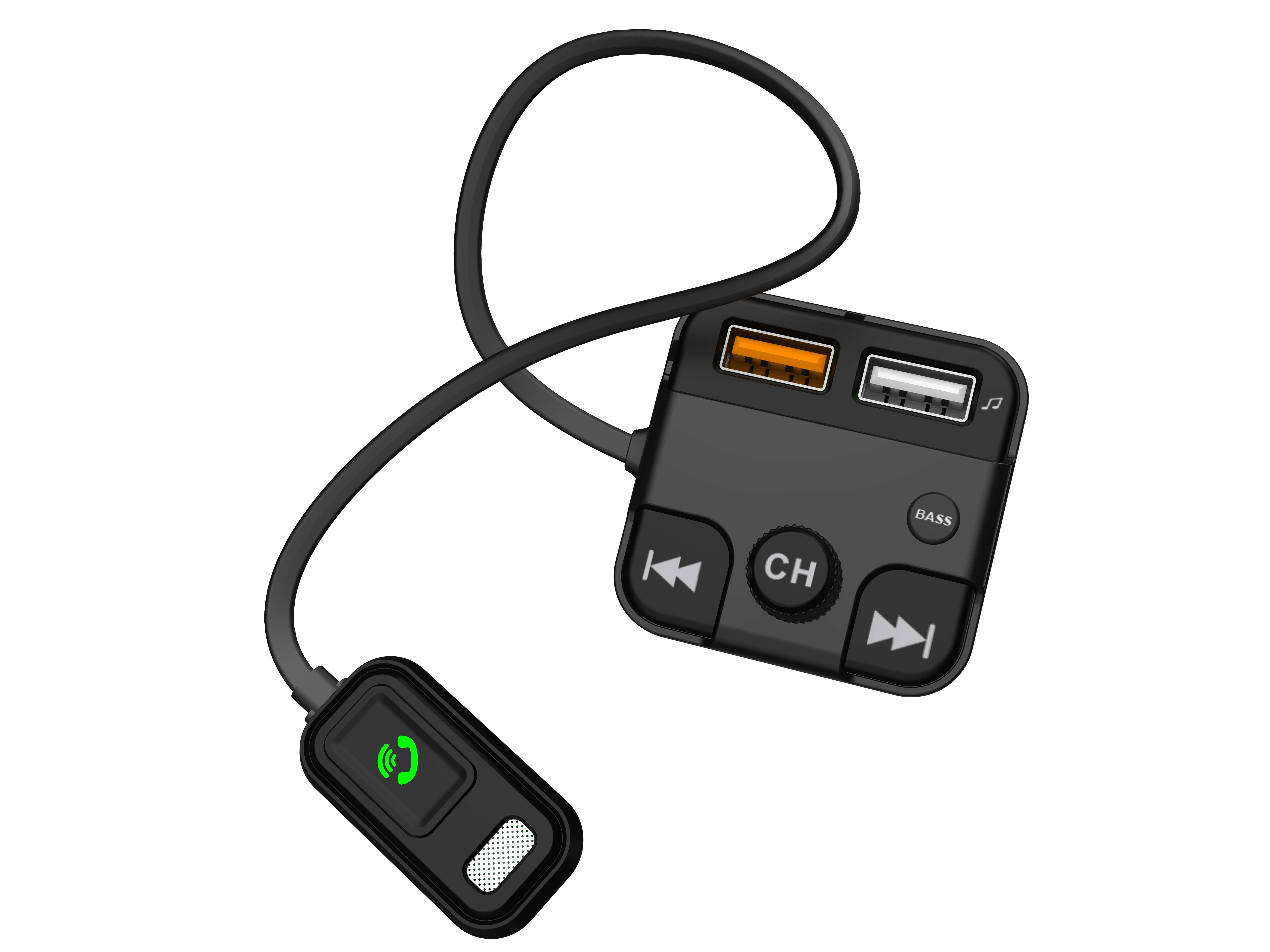 Fekete autós töltő két USB-porttal, hívás/lejátszás gombbal és vezérlőkkel.