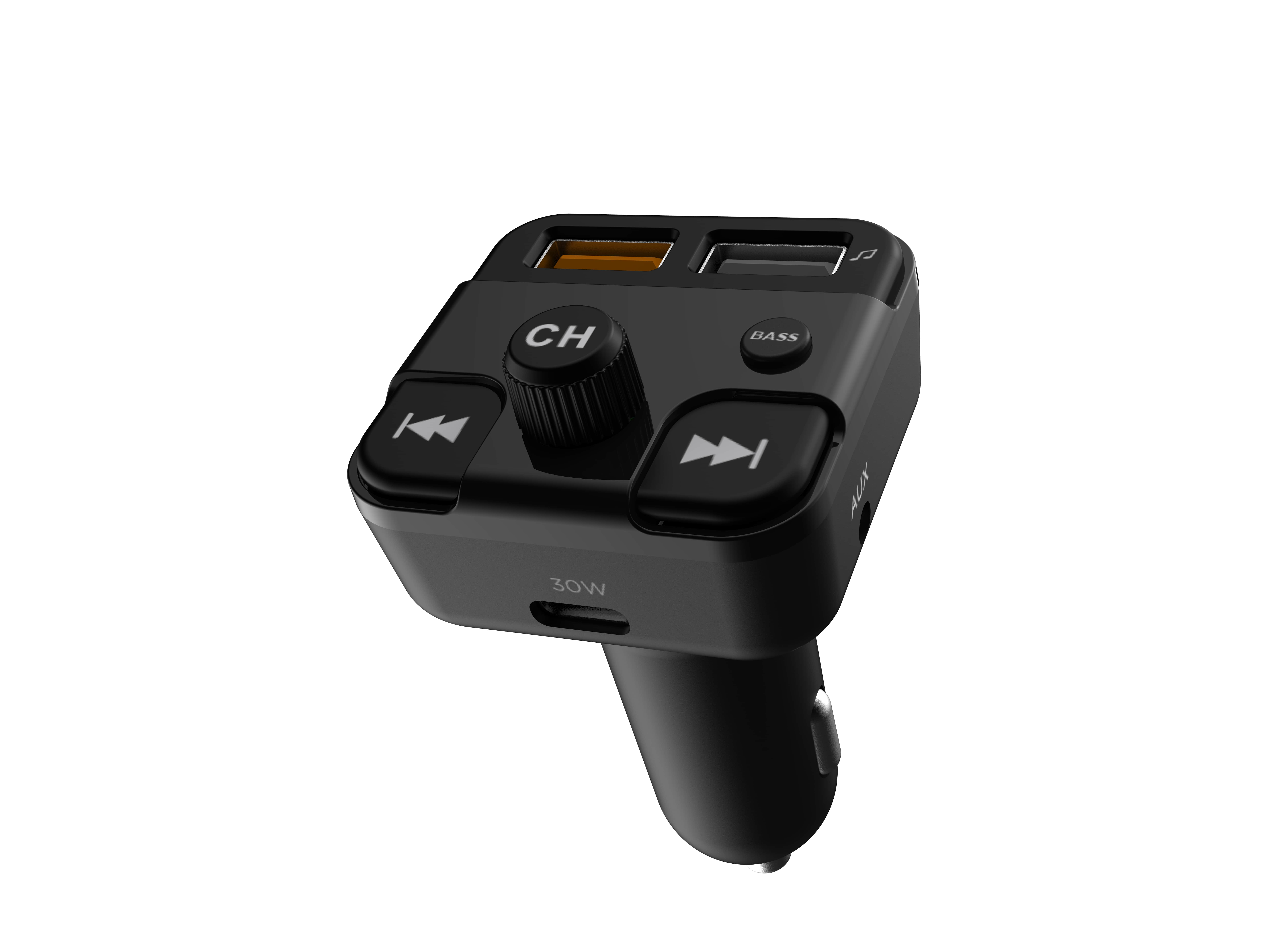 Egy fekete autós adó két USB porttal és gombokkal.