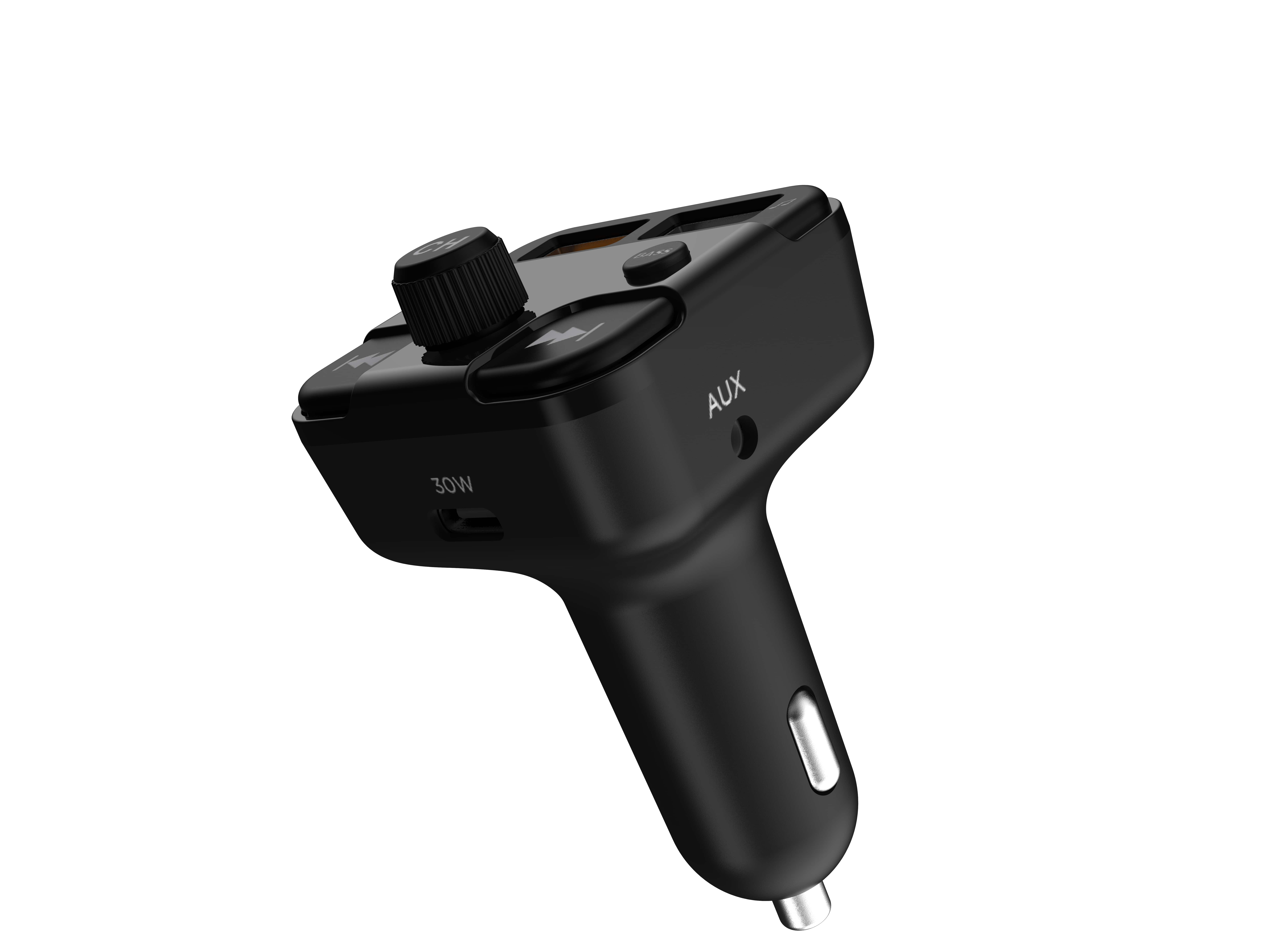 Egy fekete autós adó tekerőgombbal, gombokkal és USB-C porttal.