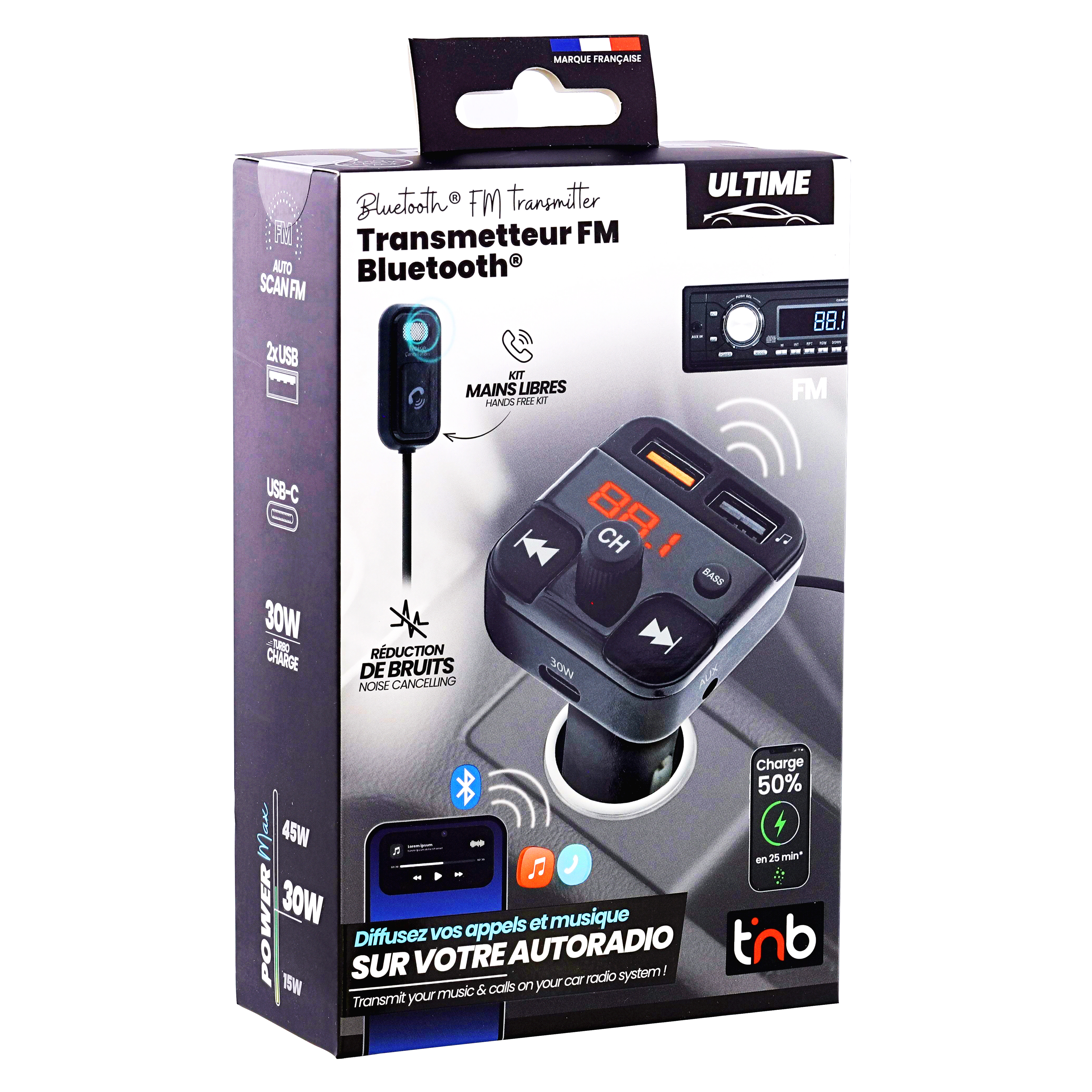 Csomagolás Bluetooth FM adóvevőhöz töltési és kihangosító funkciókkal.