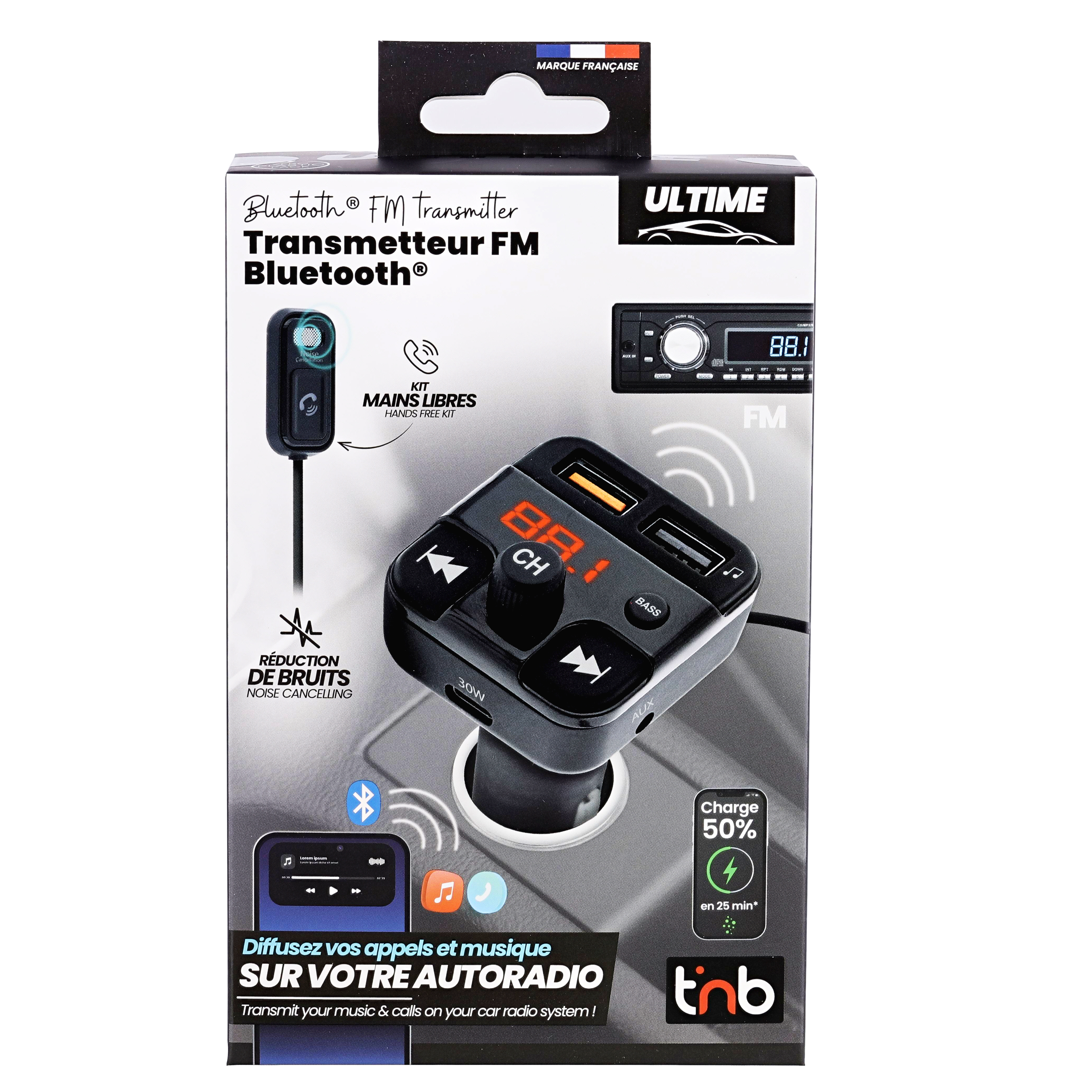 Bluetooth FM adó csomagolása autós töltővel, USB portokkal és kihangosító készlettel.